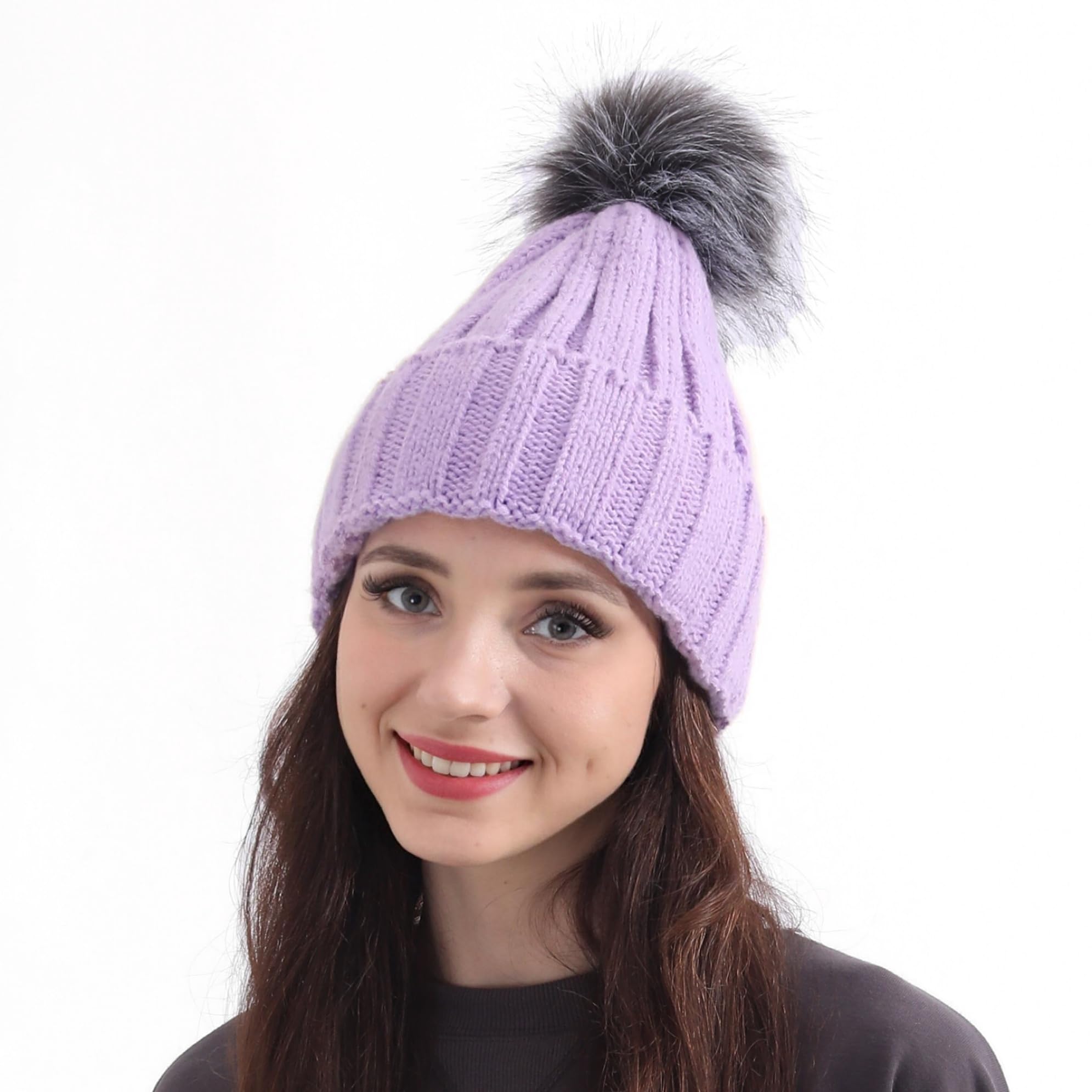 Winter Wear Lined Purple Beanie for Women Warm Winter Hats Cap for Womens Girl Soft Pom Pom Hat, Birthday for Women. (Purple)
