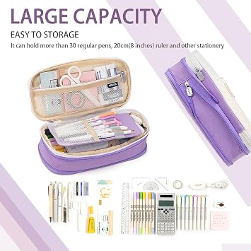 MAMUNU Large Capacity Pencil Case Pen Bags Pencil Pouch for School Girls Boys, Pencil CAE with Layers and Pencil Solts for Stationary Supplies (Purple Beige)