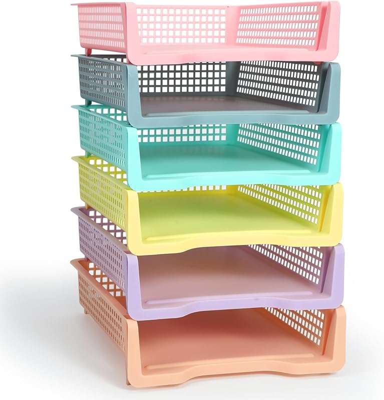 Tenceur 6 Piezas Bandejas Giratorias Aula, Cestas de Aula, Colores Pastel | Bandeja de papel para aula, contenedor de basura, cestas de plástico apilables, organizadores de profesores, cajones de biblioteca, escritorio de oficina