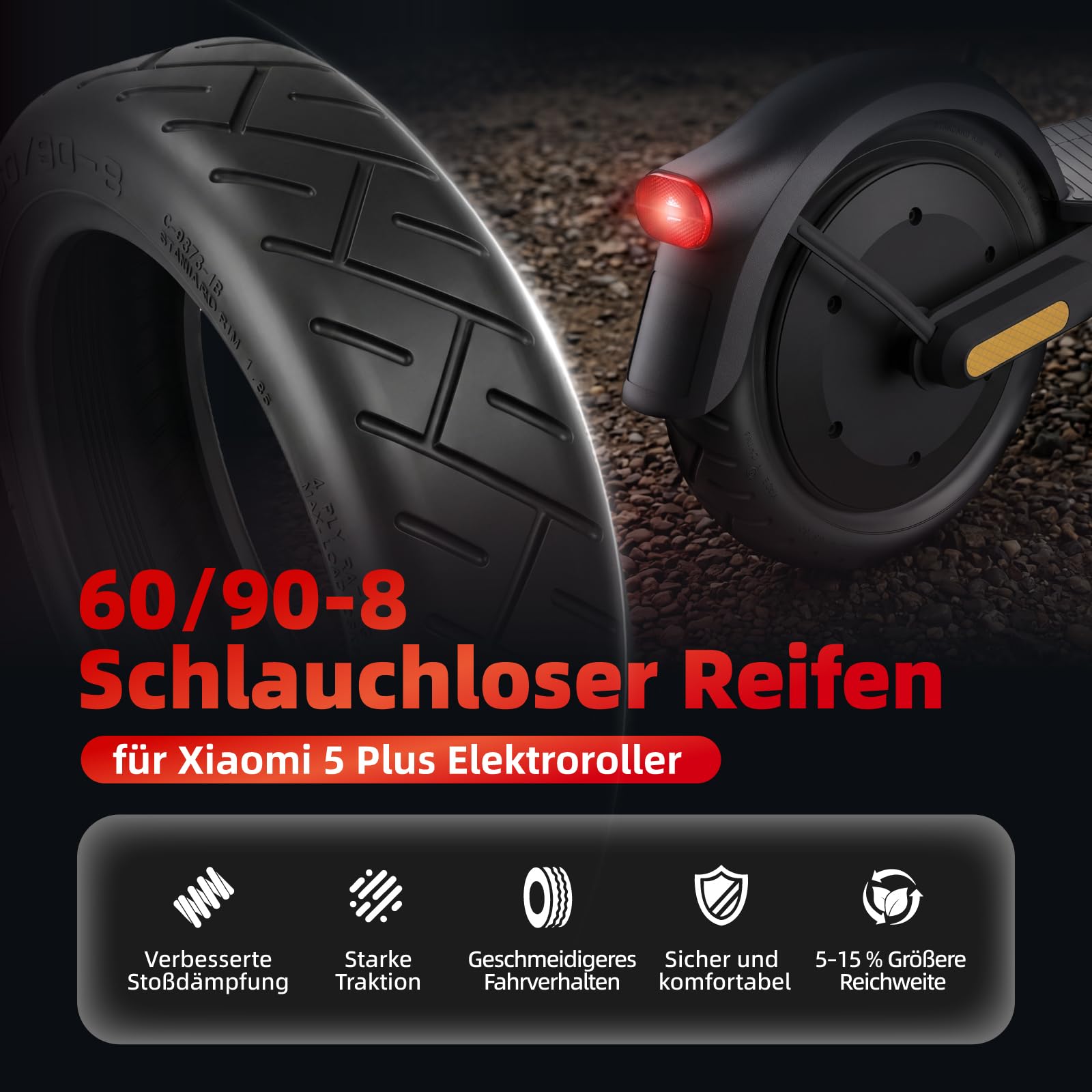 60/90-8 Schlauchloser Reifen für Xiaomi 5 Plus, für Xiaomi 6 Elektroroller, 12 Zoll Tubeless Reifen Zubehör Explosionsgeschützte Verdickte Straßenreifen Ersatzräder (2 Stück)