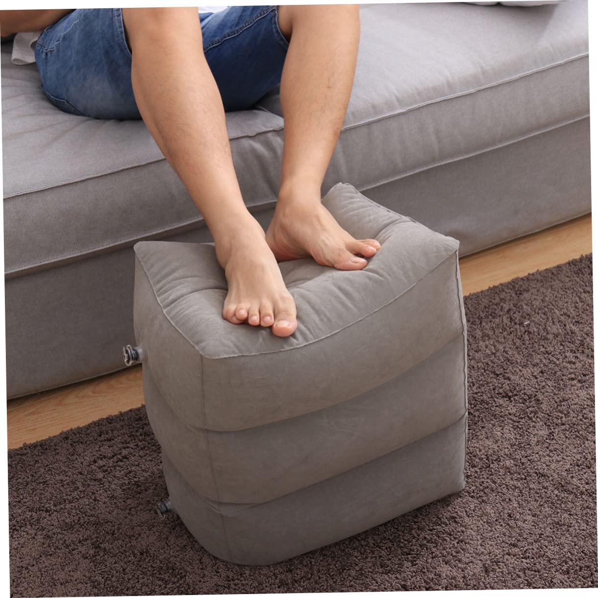 Uonlytech Poggiapiedi Gonfiabile per Viaggio Cuscino Poggiapiedi in Pvc Tessuto Floccato Regolabile in Tre Altezze per Aerei Auto Treni Ufficio Casa Facilita Relax Piedi Gambe Migliora