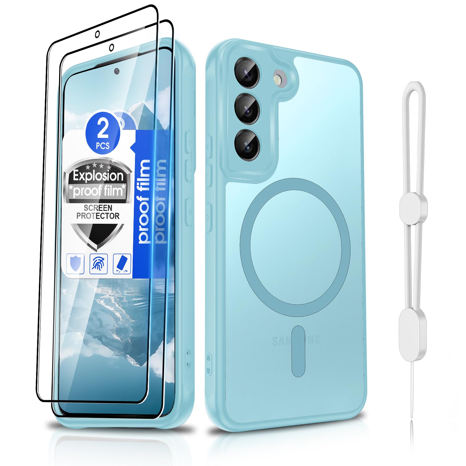 Dizn Magnetic for Samsung Galaxy S22 Case:with 2 Pcs Explosion-Proof Film,with Strap, Compatible with MagSafe, Military-Grade Protective 6.6-Inch Samsung Galaxy S 22 5G,Light Blue