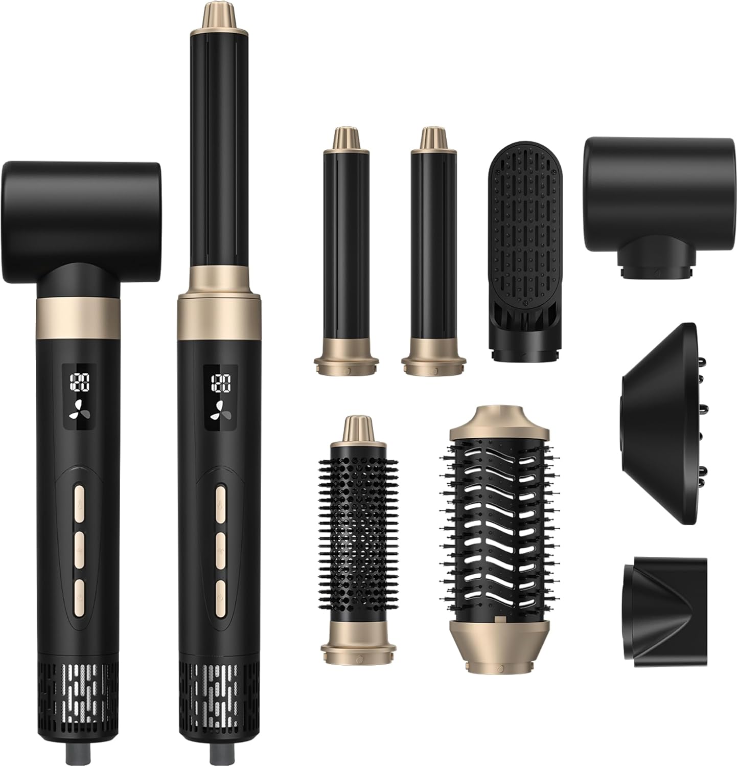 8 in 1 Hair Styler, Hair Styling Tools with 3 Heat Settings, Detachable Blow Dryer, Hot Air Curler Multi Styler Brush Set, Brush Curling Wrap Straight Curl Dry Volumiz Smooth – Black & Gold