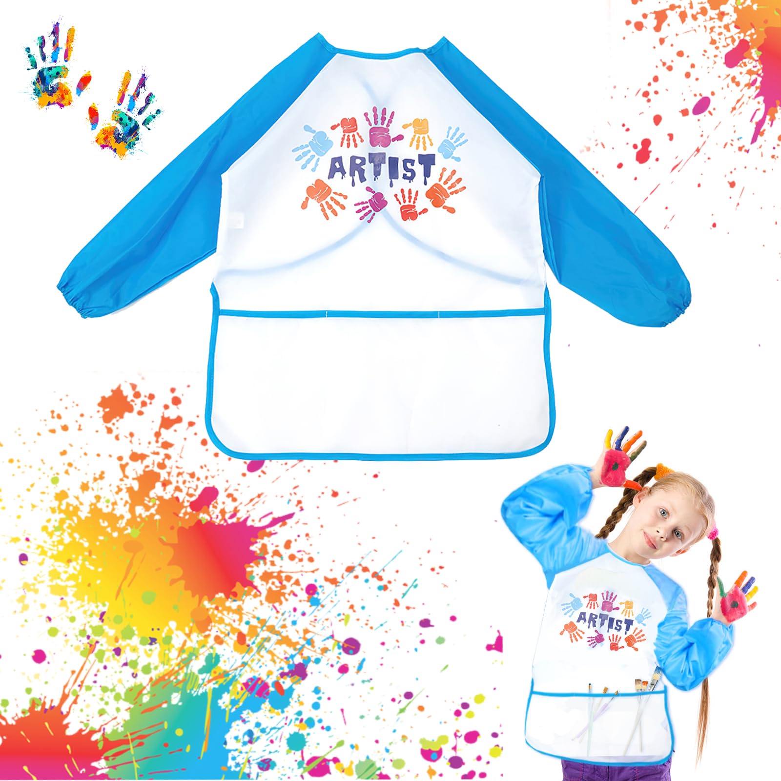 RosyFate Bata de Arte para Niños, Delantal Infantil Impermeable, Delantal Pintura Niño, Delantal de arte para niños, Mangas Larga con Bolsillos