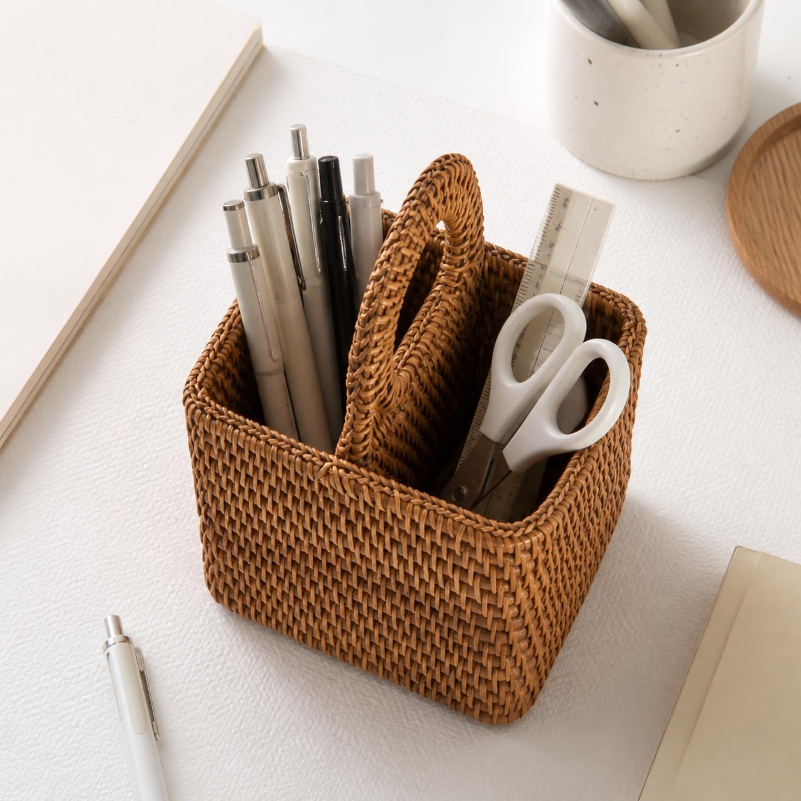 Organizador con Dos Compartimentos Ligero Cesta con Asa Transpirable Papelera Ratán para Escritorio, Baño