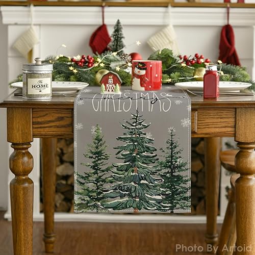 Miniatura 7 de Artoid Mode Camino de mesa de Navidad con copos de nieve de pino y copos de nieve, decoración de mesa de comedor para interiores y exteriores,