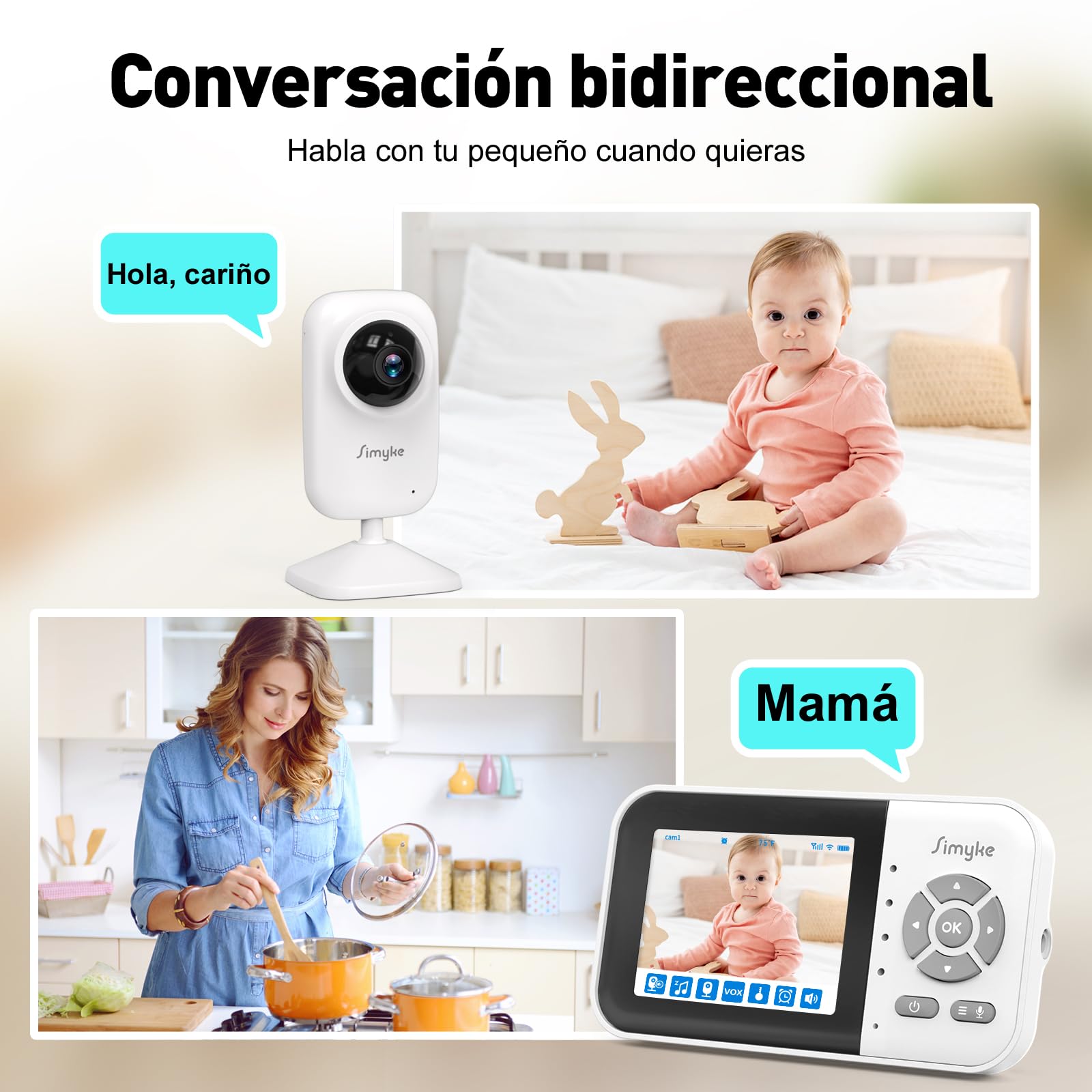 Vigilabebes con Camara WiFi y Pantalla de 2,8",Monitor Bebe con App, Audio Bidireccional,Vision Nocturna Automatica, VOX, Sensor de Temperatura, Canciones de Cuna y Largo Alcancepara el Hogar