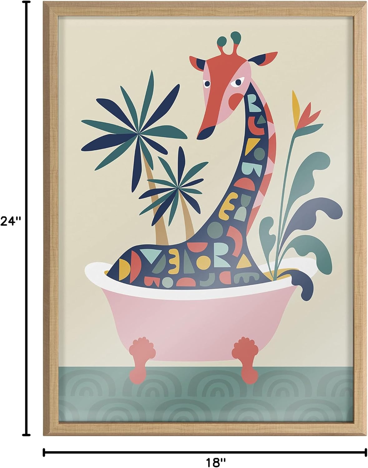 Kate and Laurel Blake Mid Century Modern Giraffe in Bathtub Framed Printed Glass Wall Art by Rachel Lee of My Dream Wall; 18x24 Natural; Decorative Colorful Animal Art for Wall
