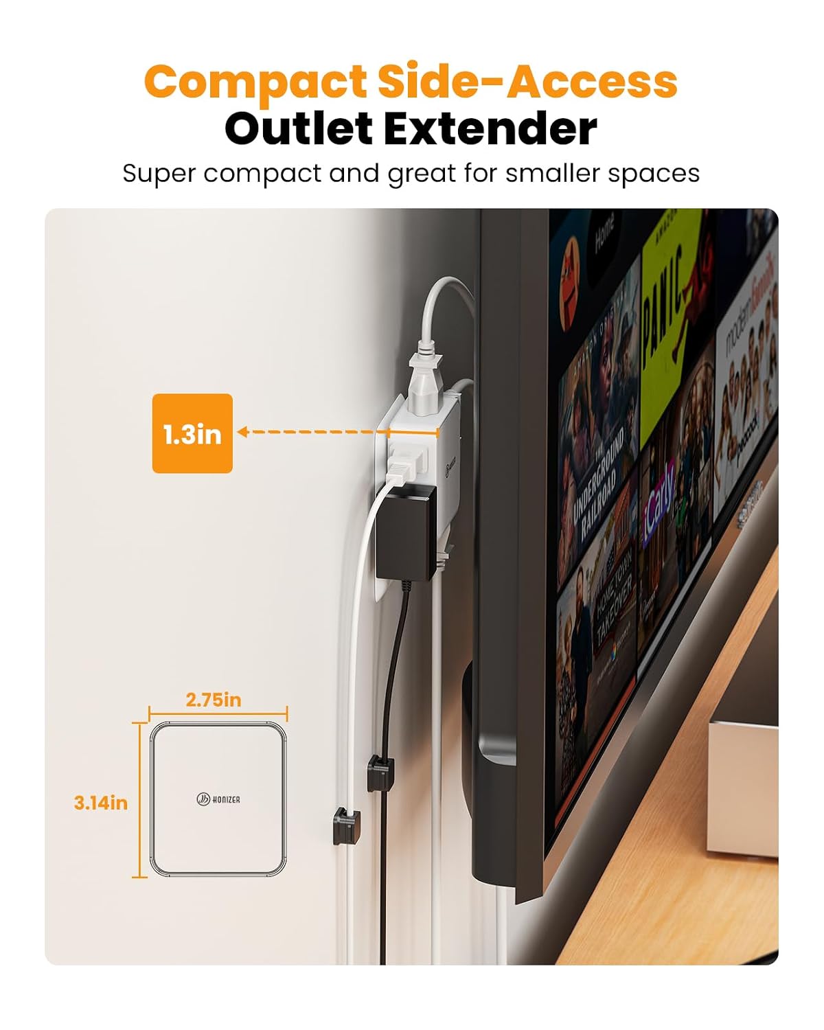 2 Pack 6 Outlet Flat Outlet Extender,Side Outlet,HONIZERWall Outlet Adapter | Compact Multi Outlet for Behind Couches Nightstand Desk TV Kitchen,1875W 3 Sideways Plug Adapter,Wall Plug with 4 Cable Clips