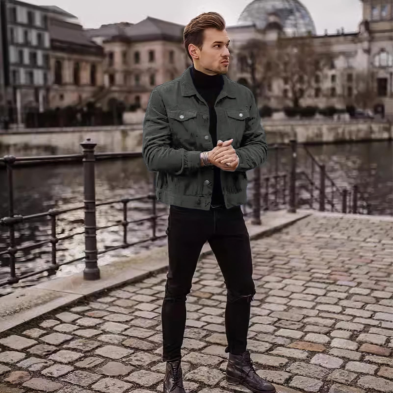 amropi Chaquetas de Pana para Hombre Camisa de Manga Larga a Rayas con Botones Ligera Casual Jacket