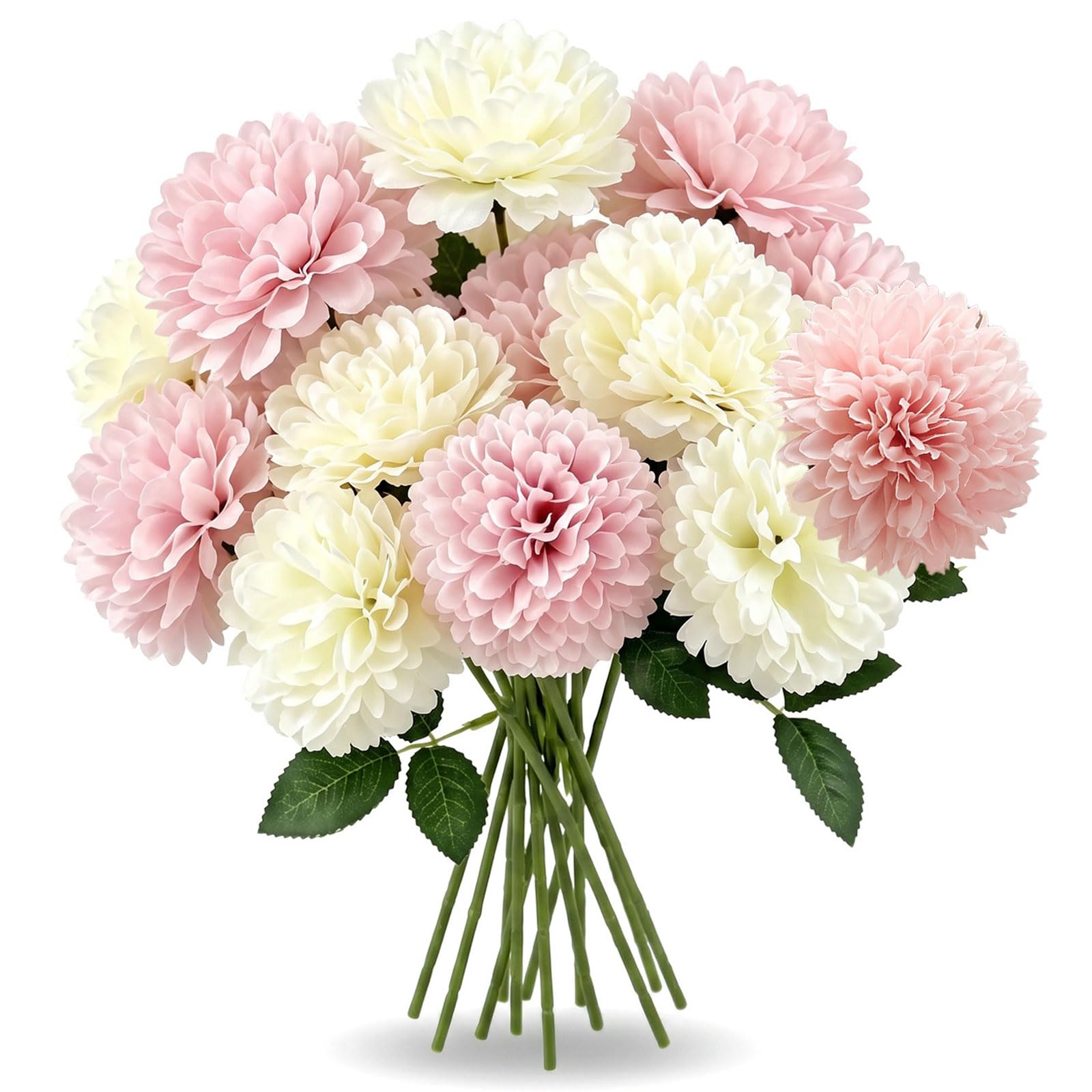 16PCS Artificial Chrysanthemum Flowers, 28 cm Artificial Ball Chrysanthemum Flowers, Pink and Cream Silk Flowers with Leaves, Long Stem Faux Flowers for Vase Home Table Centrepieces Wedding Decor