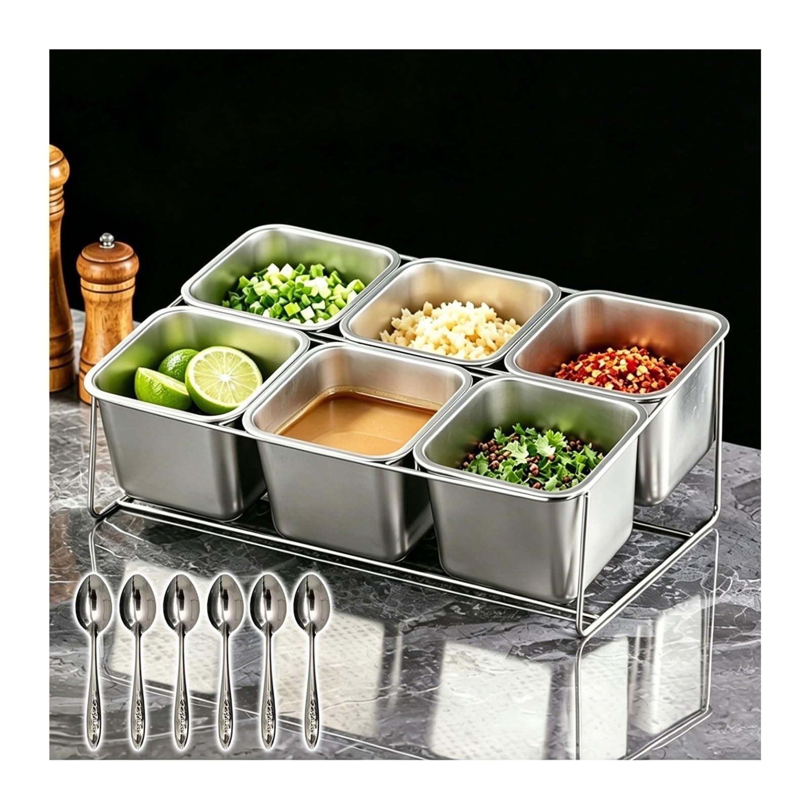 Tyzlup Commercial Condiment Station 304 Stainless, 8 Compartment Food Prep Station with Removable Pan Rack, Topping Bar for Kitchen Buffet Salad Pizza