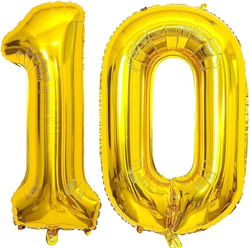 Lovoir Globo dorado de 40 pulgadas, 10 dígitos gigantes, de papel de aluminio de Mylar para helio de 10 cumpleaños, decoración de celebración,