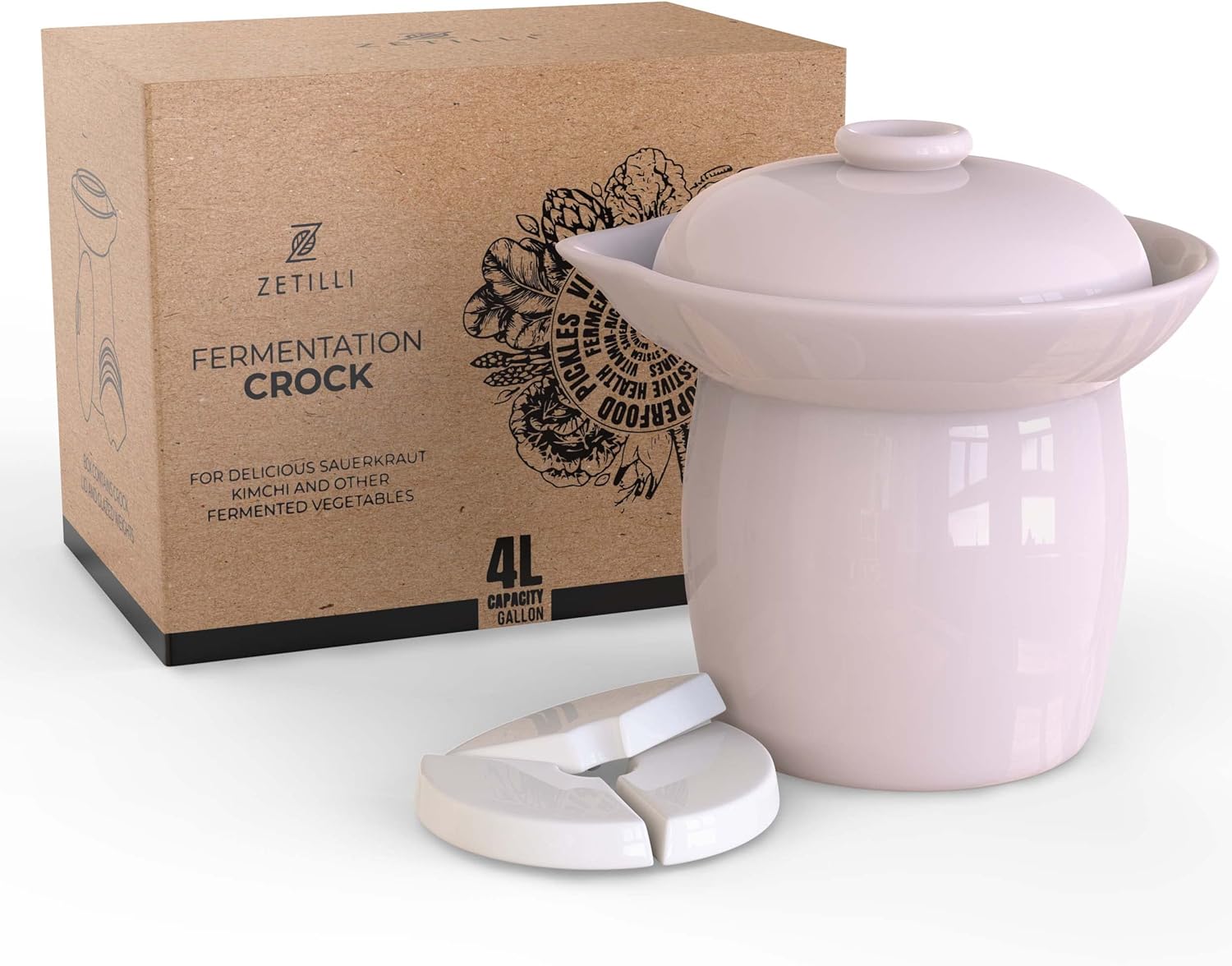 Fermentation Crock Jar Sauerkraut Crock with Glazed Weights 1 Gallon Onggi Kimchi Pot for Fermenting Delicious Kimchi Kombucha & Pickles - Stoneware Fermenting Crock Pickling Fermenter (4L)