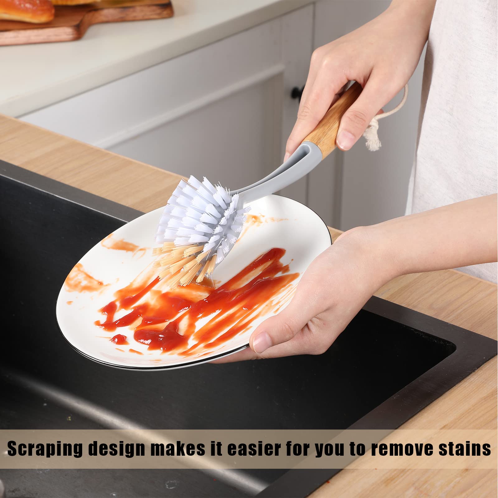 Tanlade 10 Pack Kitchen Dish Brush Bamboo Handle Wooden Scrub Brush Built-in Scraper Brushes for Dishes Dishwashing Brush Dish Scrubber Brush for Cleaning Kitchen Sink Pot Pan Countertop Bathtub