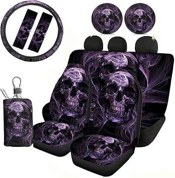 Jeiento Purple Skull Car Seat Cover Protector Full Set 10 pcs Front & Rear Seat Cover SUV Car Sedan with Steering Wheel Cover + Seatbelt Strap Cover+ Coasters+ Key Chains Universal Fit