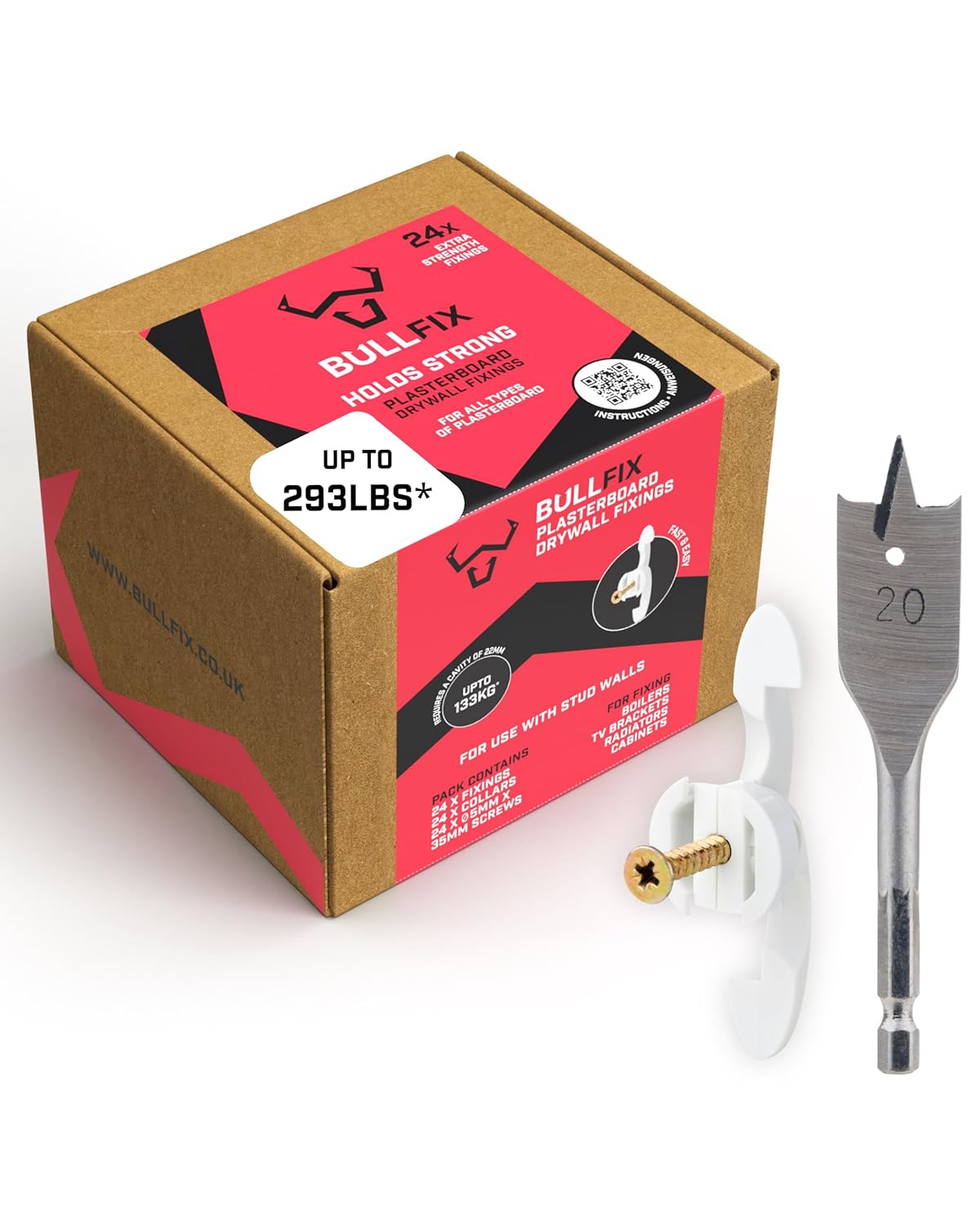 Bullfix Extra Drywall Anchors - 24 Pack, Holds up to 293lbs, Heavy Duty Wall Anchors for Drywall for Stud & Hollow Cavity with 13/16" Drill Bit & Screws for TV Mounts, Shelves & Cabinets