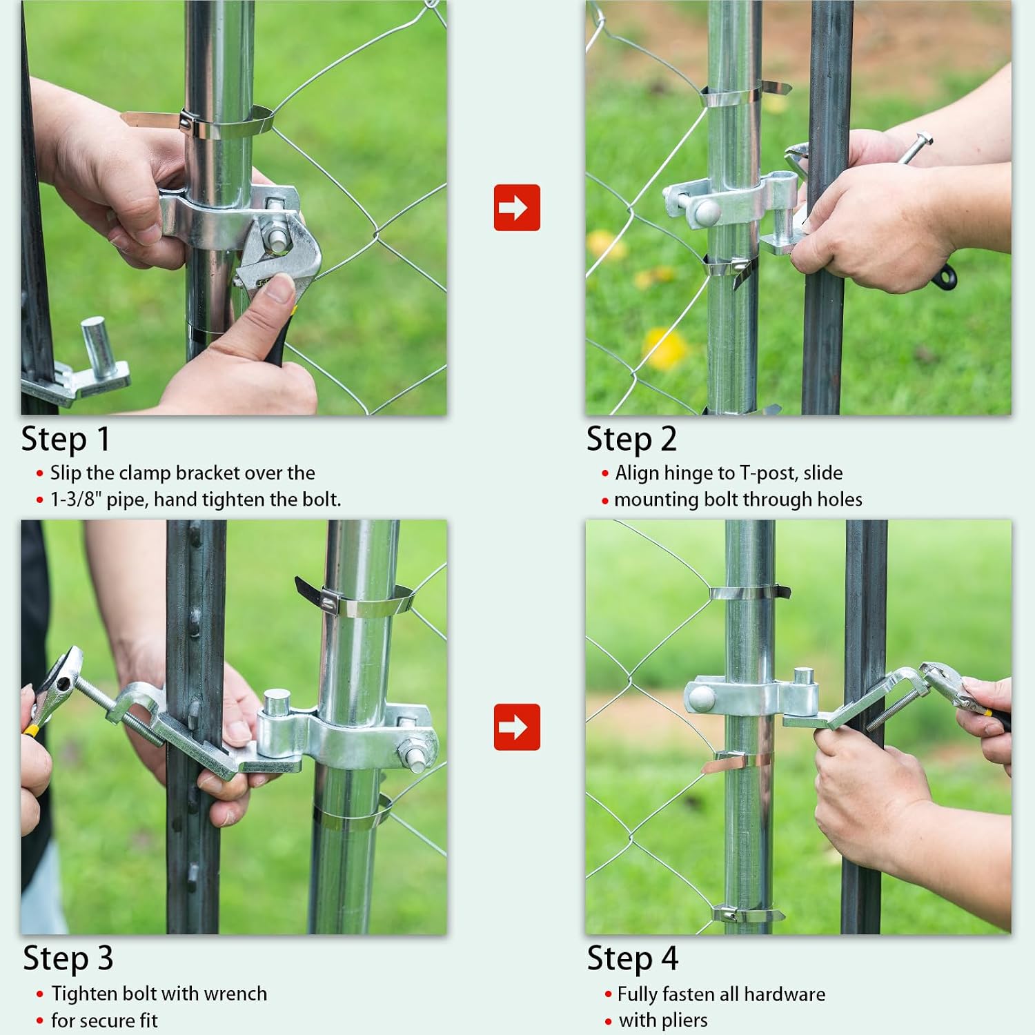 2-Pack T-Post Gate Hinge Kit, 1-5/8" Female Hinges and Hinge Pins, Galvanized Steel, 200° Swing for Chain Link/Metal Gates, Farm & Garden