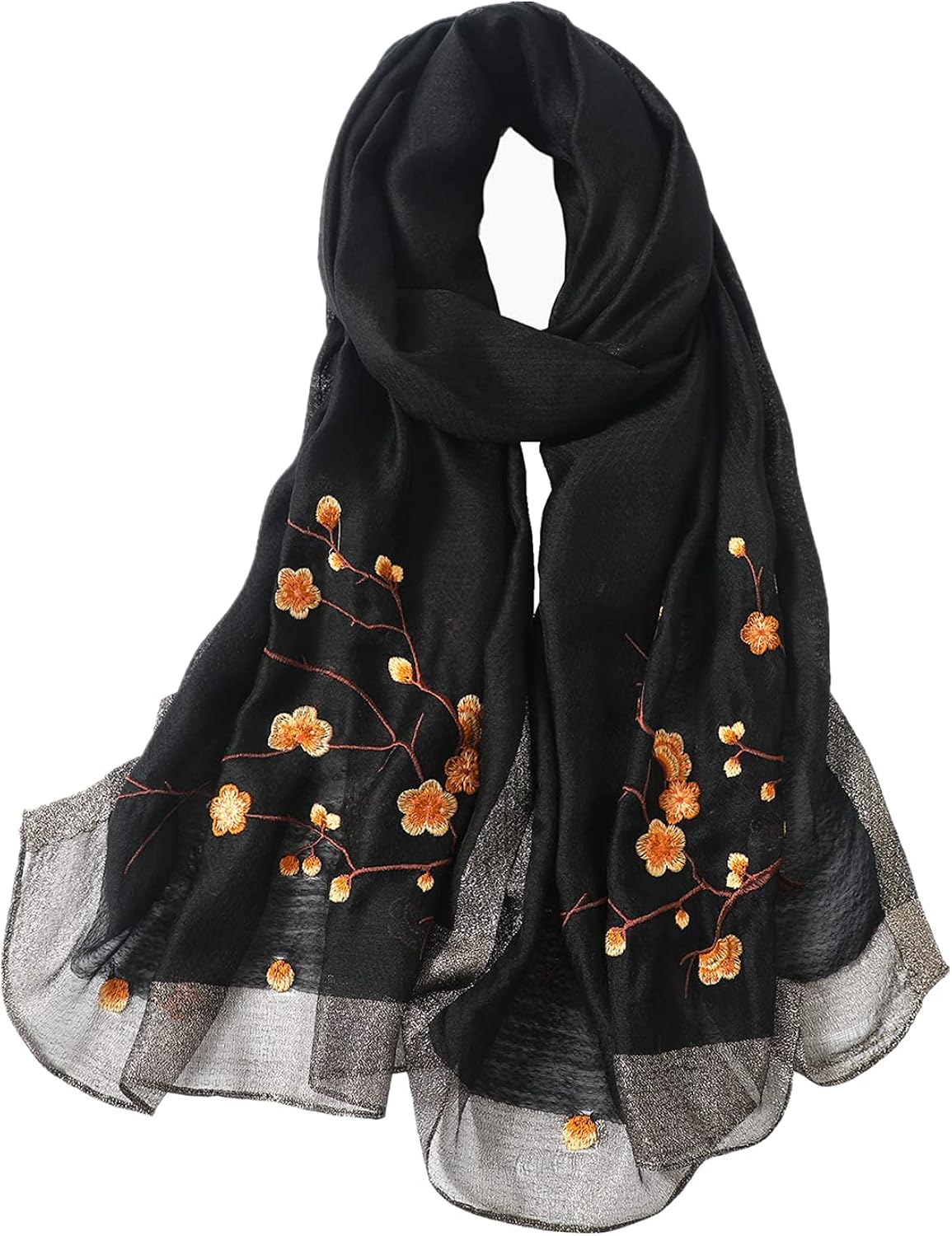 WINCESS YU Women Mulberry Silk Scarf Long & Large Embroidered Floral Pattern Shawl and Wraps Neckerchief for Hair & Neck : Everything Else