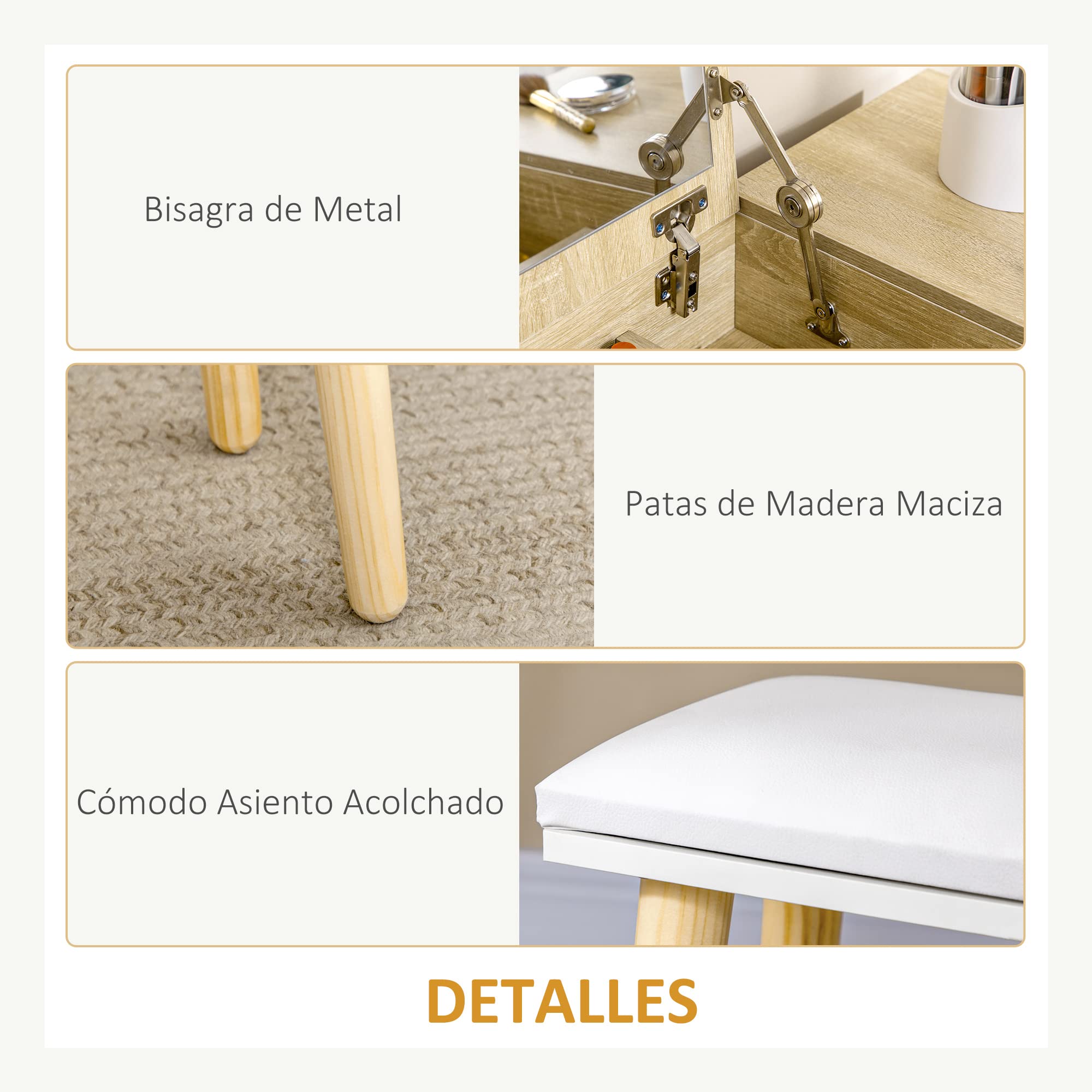 HOMCOM Tocador de Maquillaje con Espejo Abatible 100 cm Color Natural