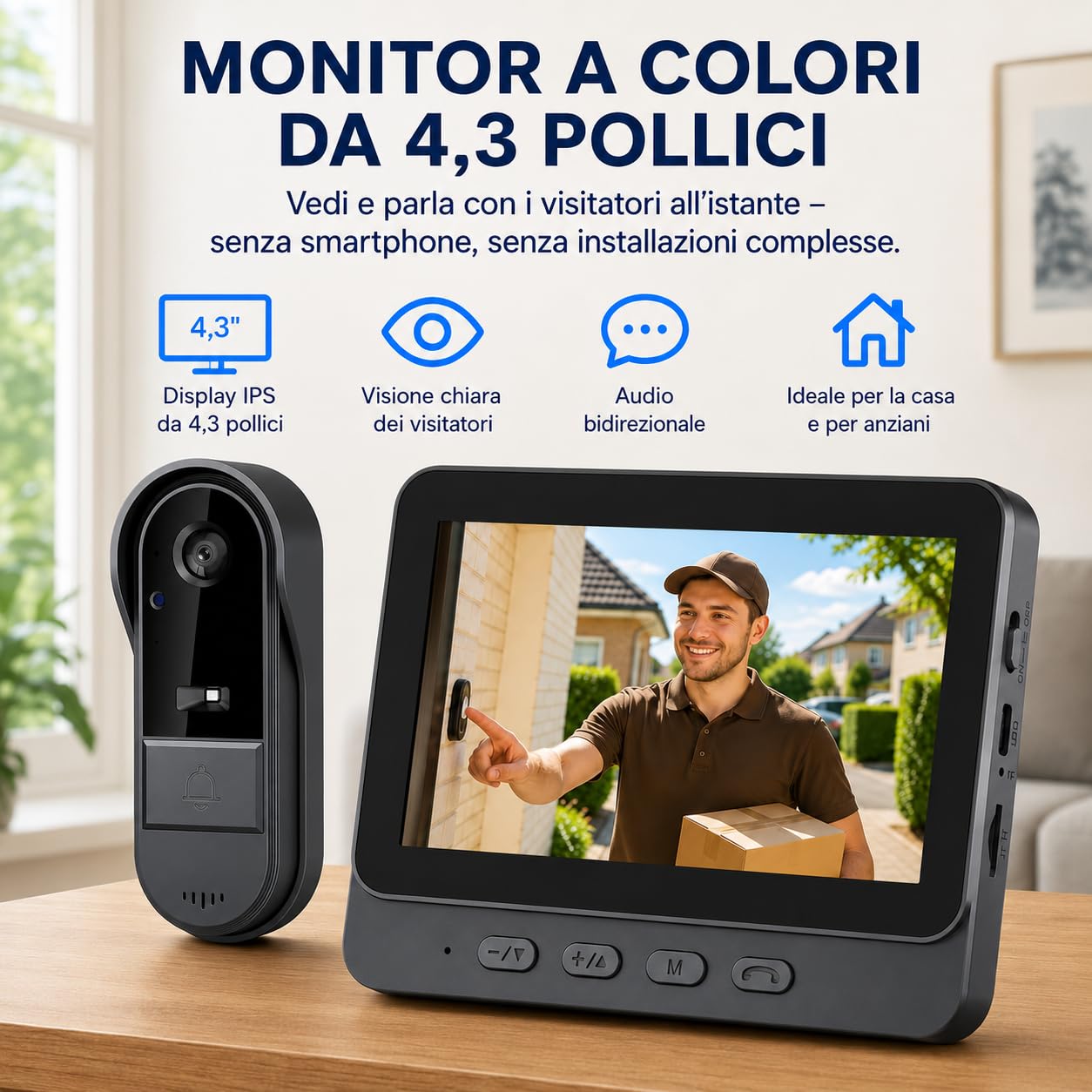 Winnes Videocitofono wireless senza WiFi, campanello con fotocamera e schermo da 4,3", videocitofono 1080P HD, visione notturna, audio bidirezionale, registrazione, grandangolo 170°, IP65