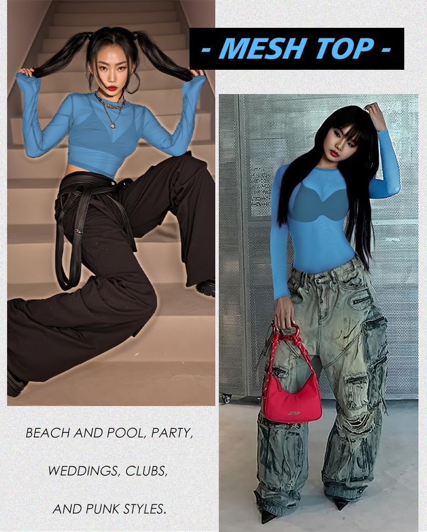 Women's Mesh Tops See Through Shirts Long Sleeve Bodycon Sheer Blouse Clubwear - Image 5