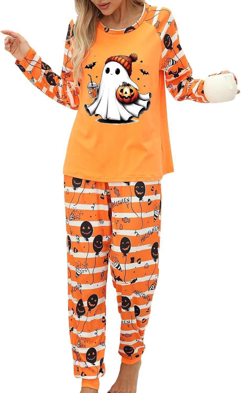 HOXIJIA Women Halloween Pajama Set Casual Pumpkin Graphic Ghost Striped Boho Loungewear Set Comfy Long Sleeve Sleepwear