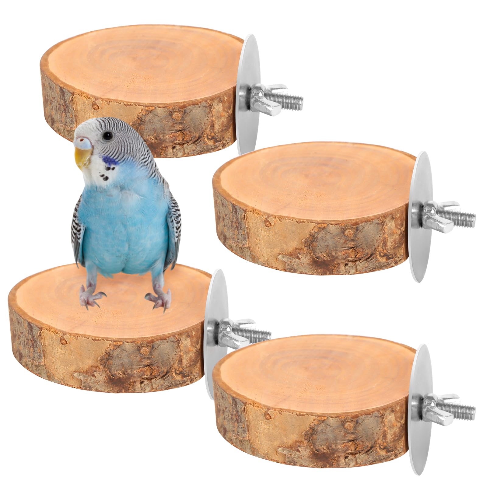 4PCS Natural Wood Round Bird Perch Platform for Cage - Parrot Perch Stand for Conures, Cockatiels, Budgies, Lovebirds, Parrotlets, Small Bird Cage Accessories