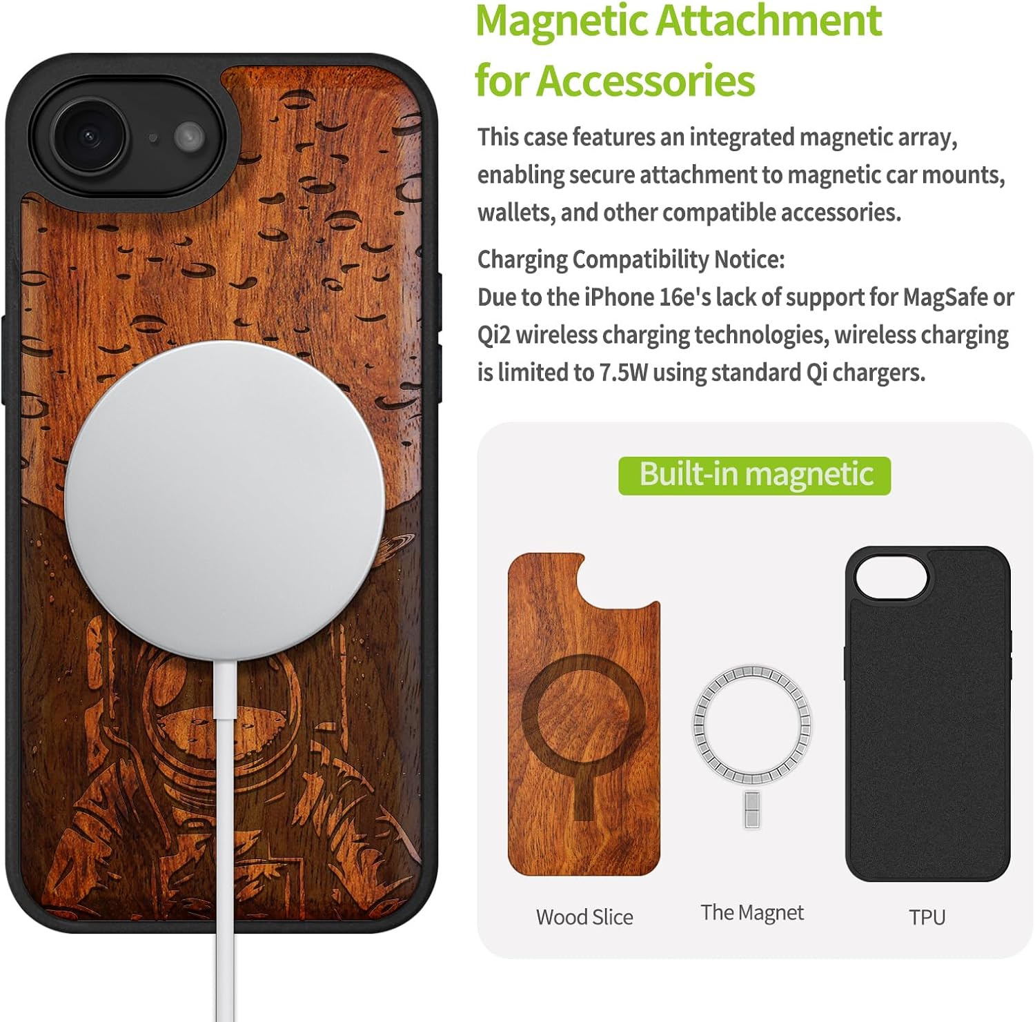 Carveit Magnetic Wooden Case for iPhone 16e / 17e, Solid Wood & Black TPU, Artisan Engraved Design, Shockproof Cover, Compatible with MagSafe Wireless Chargers, Lunar Journey - Rosy