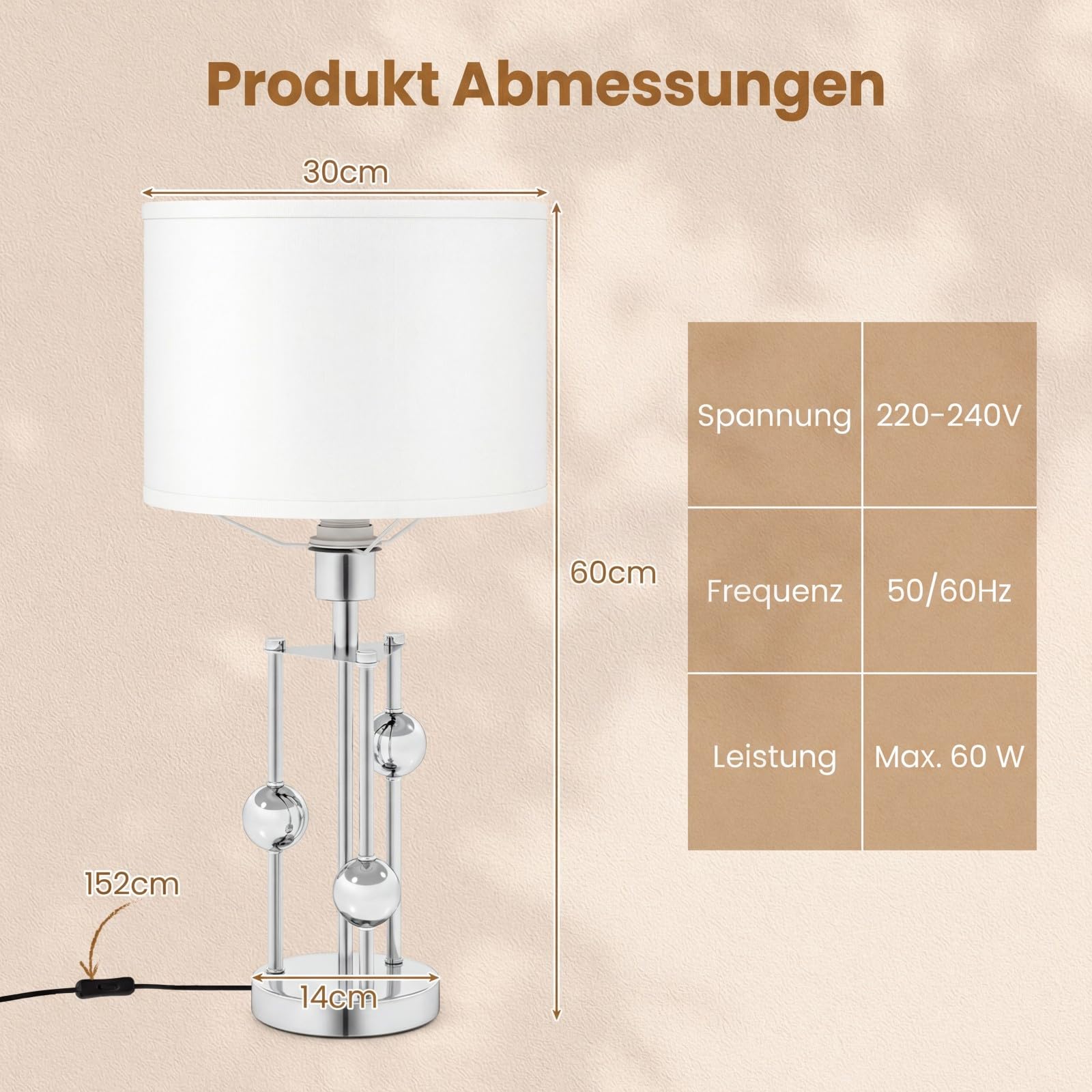 COSTWAY Nachttischlampe mit E27-Fassung, Leinenstoff-Lampenschirm und 3 Dekorativen Kugeln, Moderne Tischlampe, Schreibtischlampe für Schlafzimmer und Arbeitszimmer 30 x 60 cm
