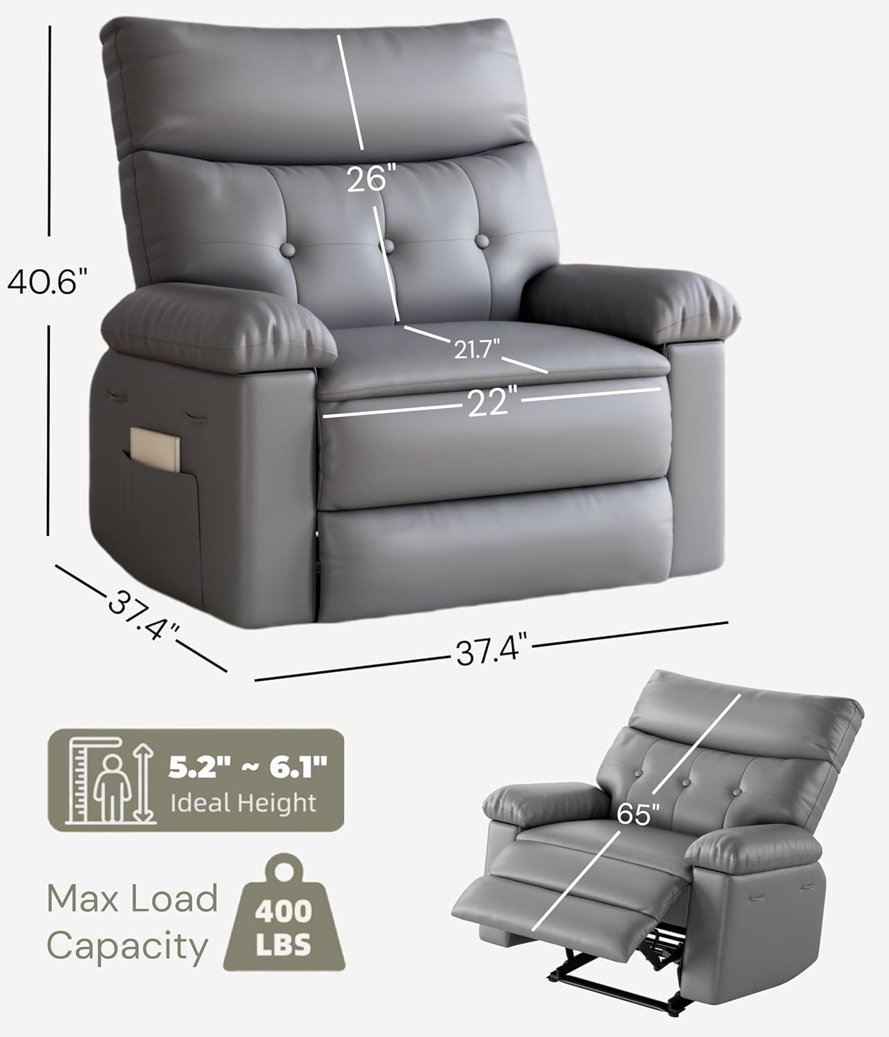 garveehome oversized recliner chair - pu leather manual recliner for adults, lazy chair with 1.5x sponge comfort arm and back for living room, bedroom grey standard