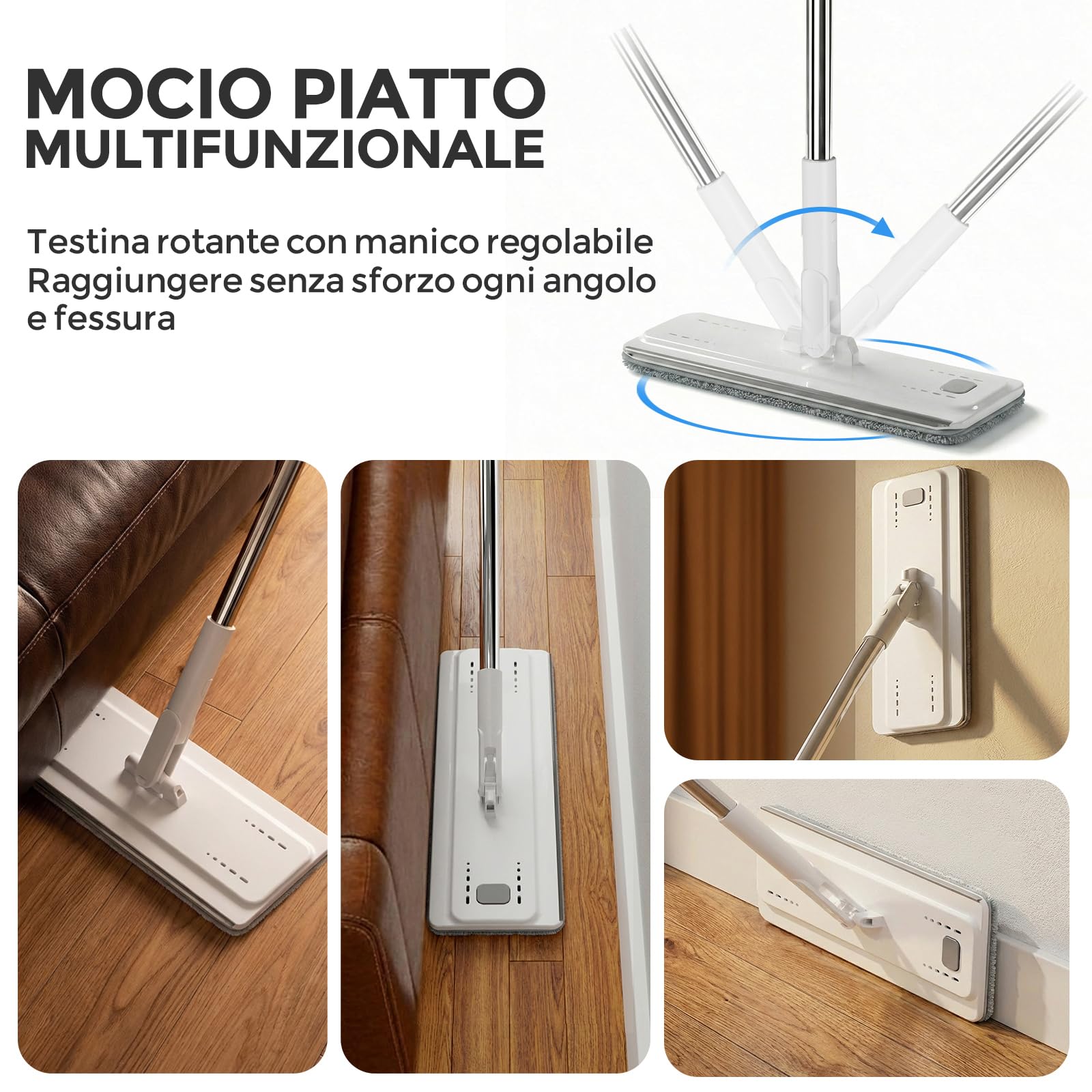 Masthome Mocio Lavapavimenti in Microfibra e Secchio Strizzatore, Mocio Piatto Professionale con Secchio Doppio Scomparto, Secchio Lavapavimenti con 4 Panni Riutilizzabile, Bianco + Grigio
