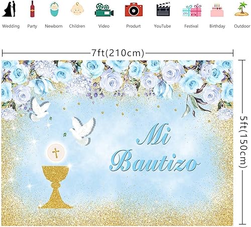 Miniatura 7 de Mi Bautizo - Telón de fondo para bautizo, flores azules que Dios bendiga, fondo de fotografía, 7 x 5 pies, bautizo, decoración de fiesta de baby