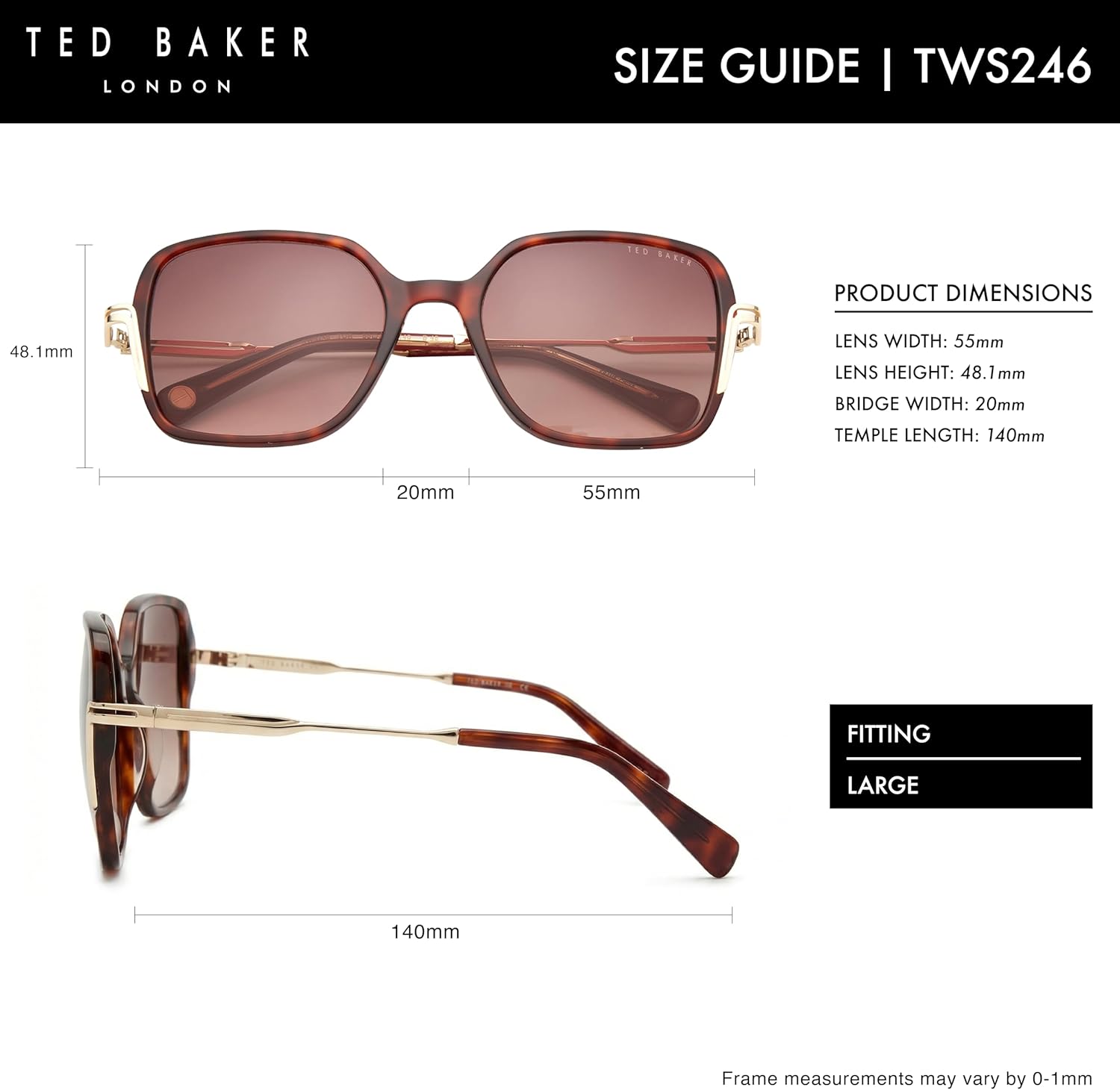 Ted Baker TWS246 Women's Trendy Oversized Square Sunglasses, UV400 Protection, 55 mm