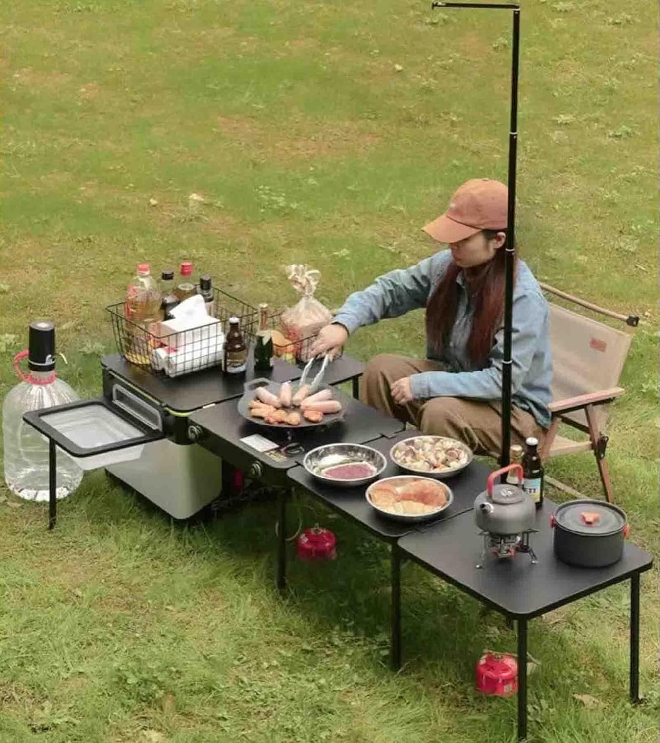 Outdoor Mobile Kitchen Foldable Camping Equipment – Portable Picnic Stove, Car Kitchen Box with Storage, Lockable Pulley System, Telescopic Handle, and Dining Table for 7