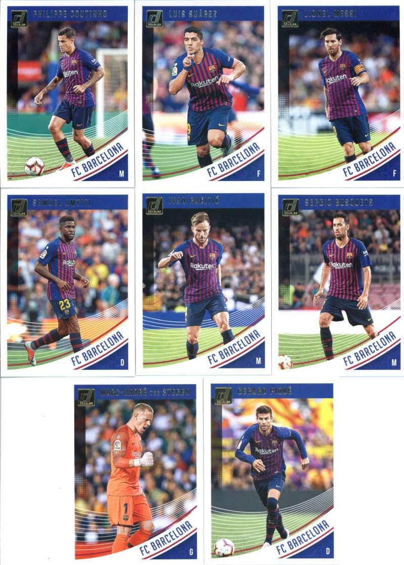 2019 Donruss Soccer FC Barcelona Veteran Team Set of 8 Cards: Lionel Messi(#1), Luis Suarez(#2), Philippe Coutinho(#3), Sergio Busquets(#4), Ivan Rakitic(#5), Samuel Umtiti(#6), Gerard Pique(#7), Marc-Andre ter Stegen(#8)