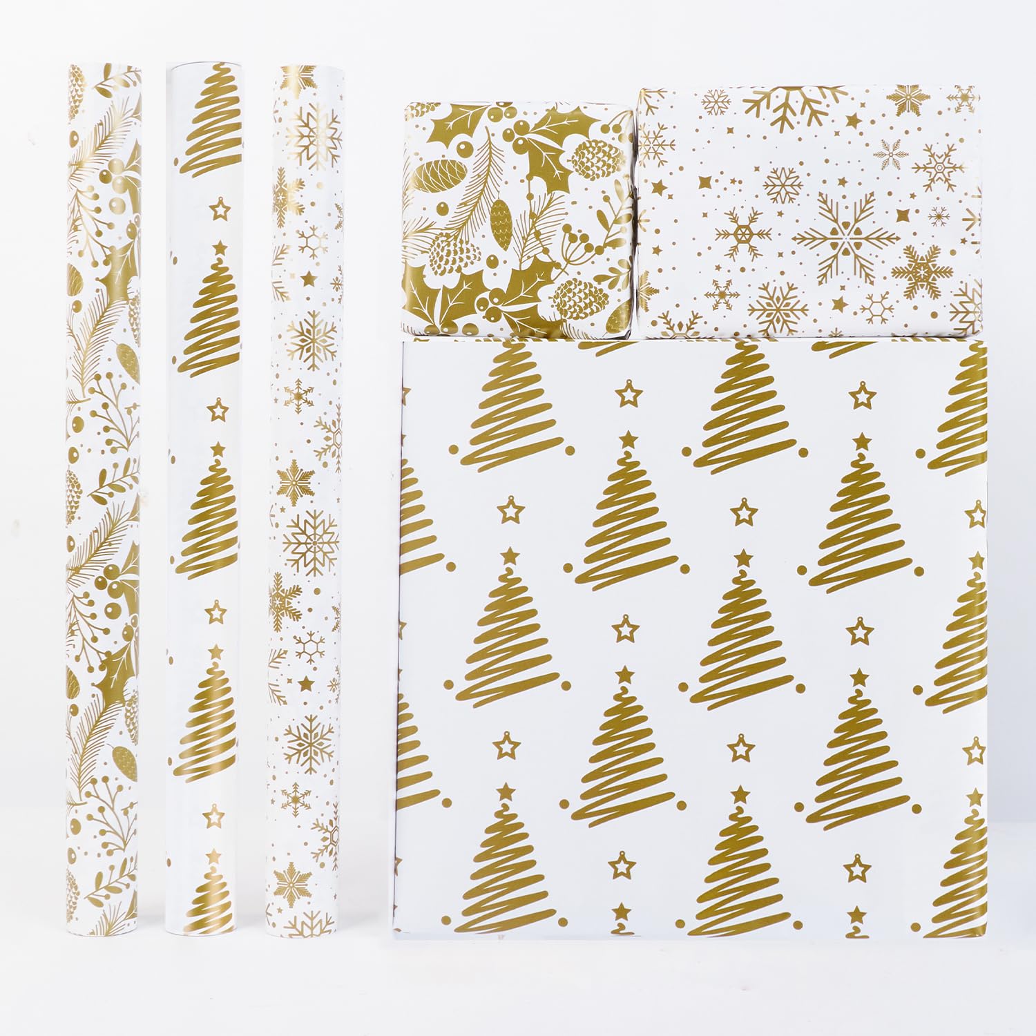 Christmas Wrapping Paper Roll,3 Rolls 44cm x 5m Xmas Gift Wrapping Paper,White Gold Wrap Paper with Snowflake Xmas Tree Pattens for Christmas,Party,Festive Decorations