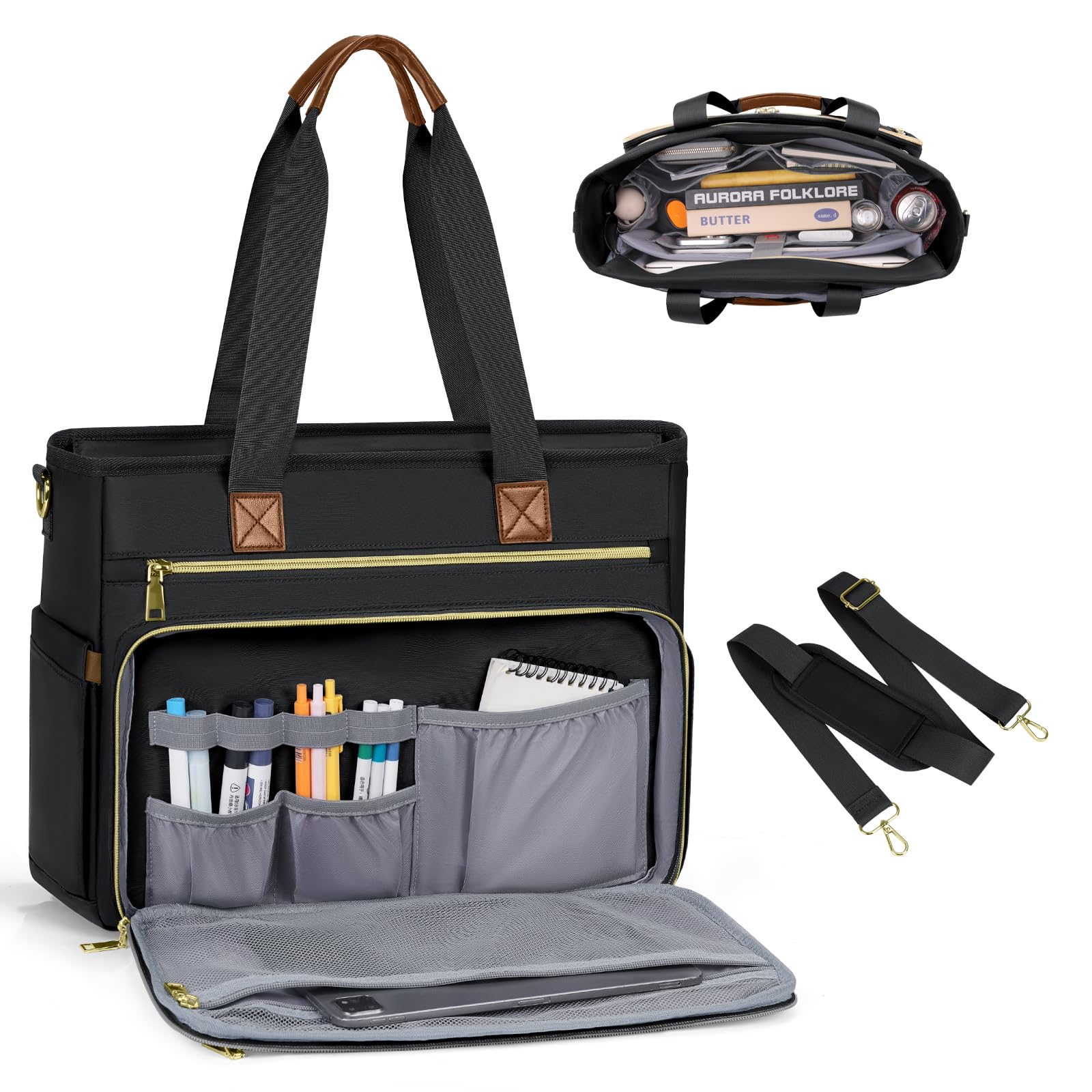 SDYSM Teacher Tote Bag 15.6 Inch Laptop Bag for Women Large Work Bag Teacher Nurse Bag Professional Computer Messenger Laptop Briefcase Handbag for Nursing, Office, College, Black