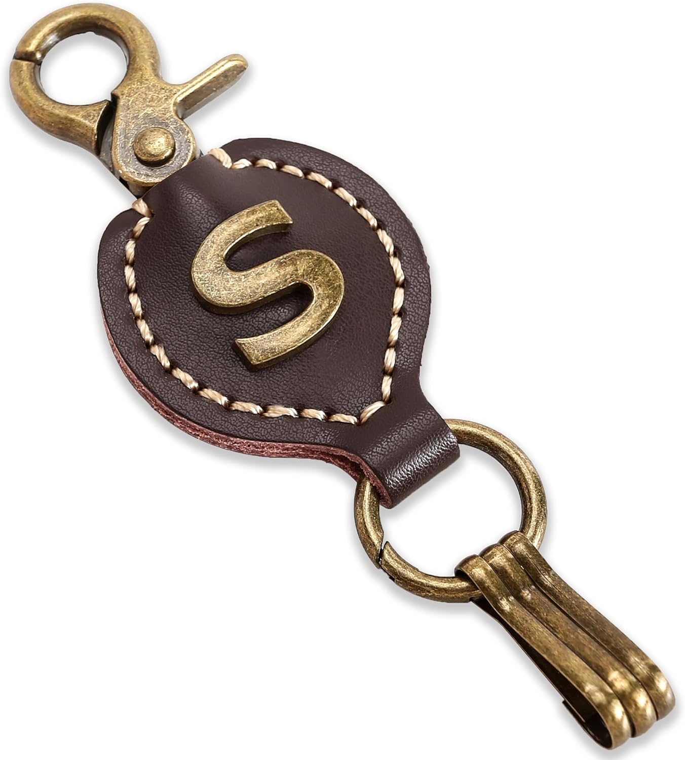 Initial Letter Keychain Brown Leather Alphabet Keychain with Easy Clasp, Key Car Key Bag Key Ring for Women Mens