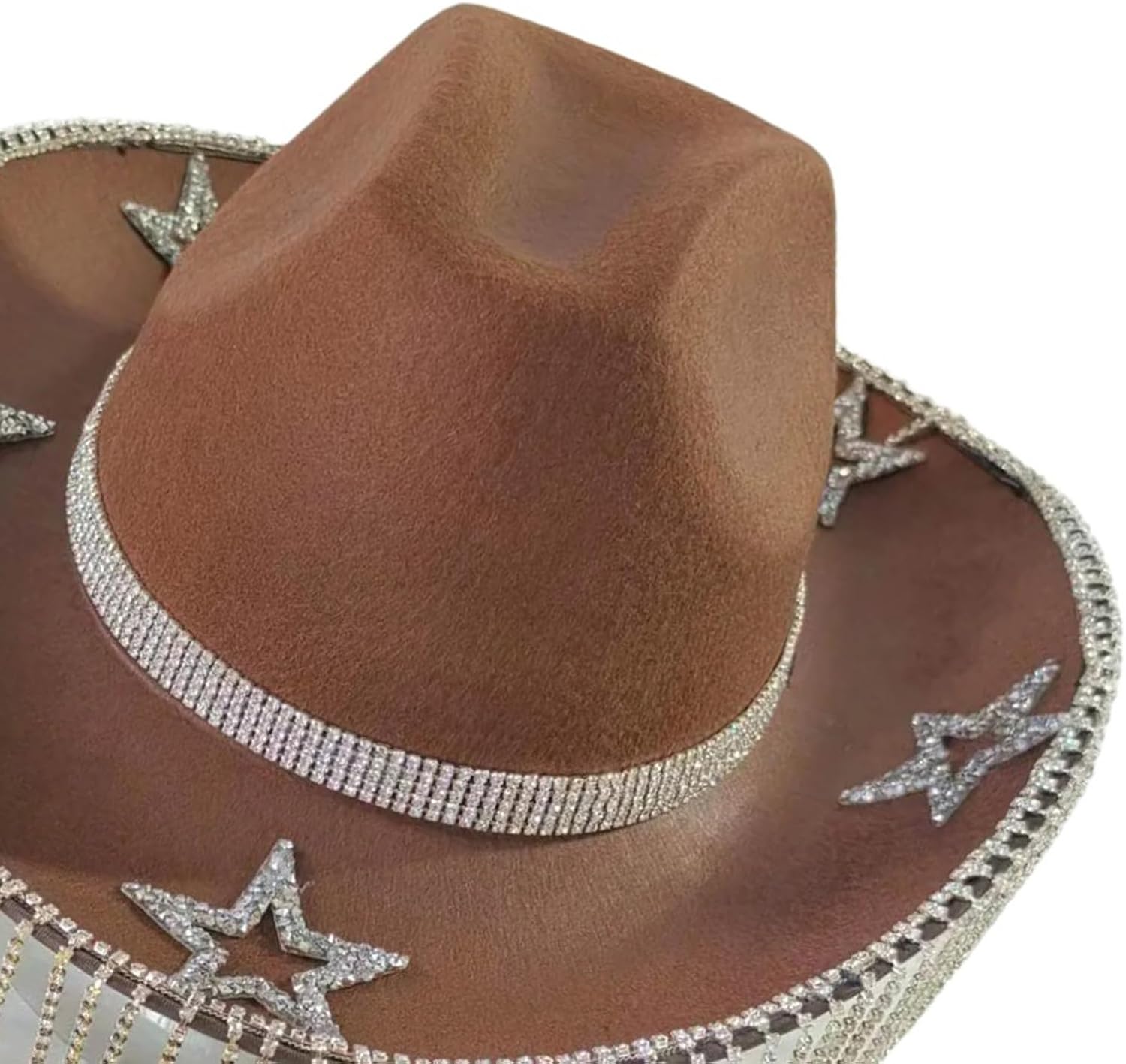Rhinestones Fringed Western Hat for Women Music Festival Fedoras Hat Large Brims Bridal Hat Role Play Party Headpiece