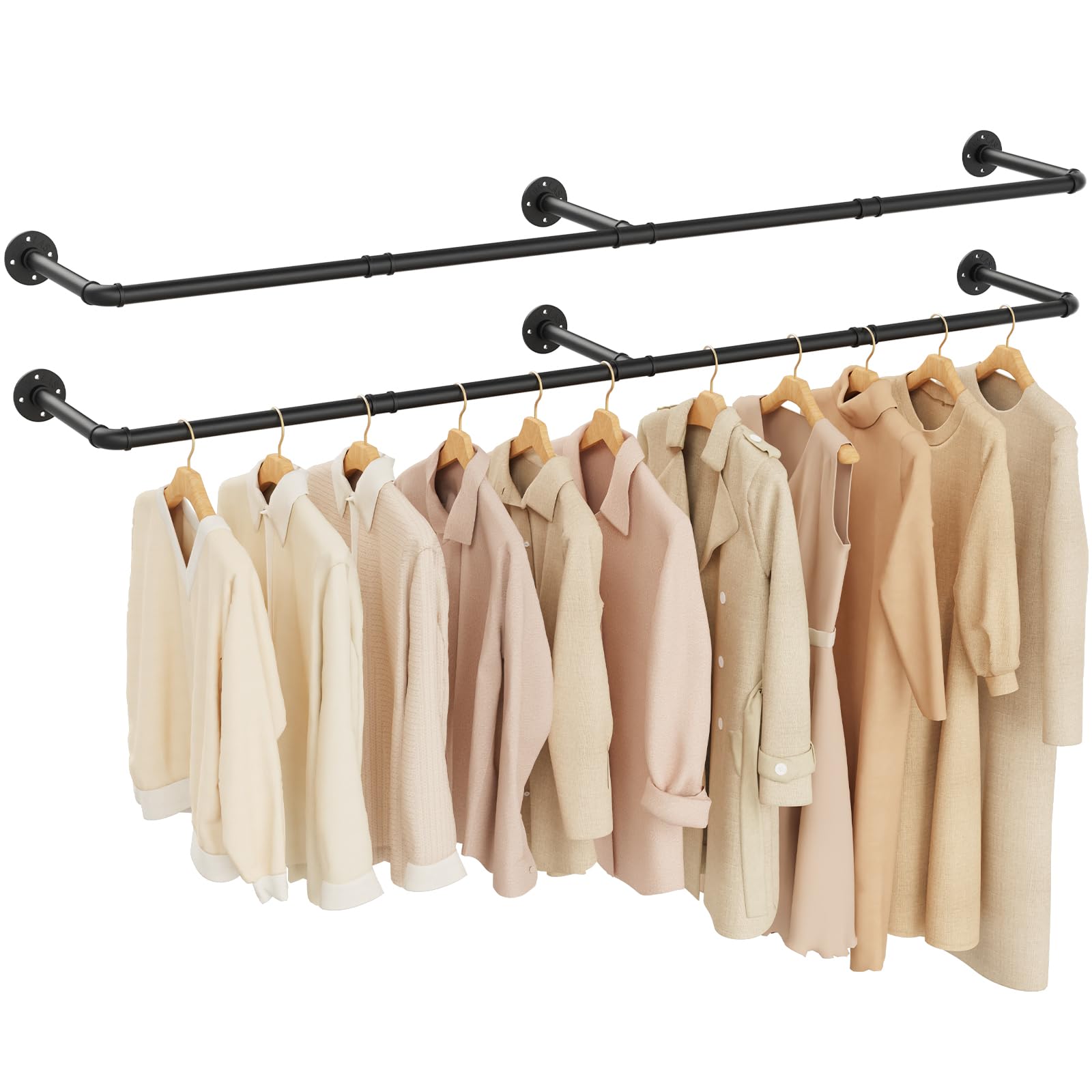 Yawinhe Attaccapanni da Muro Industriale, Barra Appendiabiti da Parete a Tubo 178cm, Salvaspazio, Rimovibile Appendino, per Lavanderia, Nero,2 Pack, YMG004-2