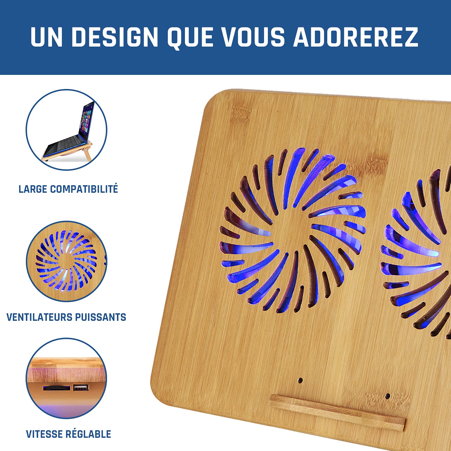 KLIM Bamboo Refroidisseur PC Portable Vitesse réglable Support ventilé Structure en Bambou Ordinateur 10-15,6 Pouces Port USB