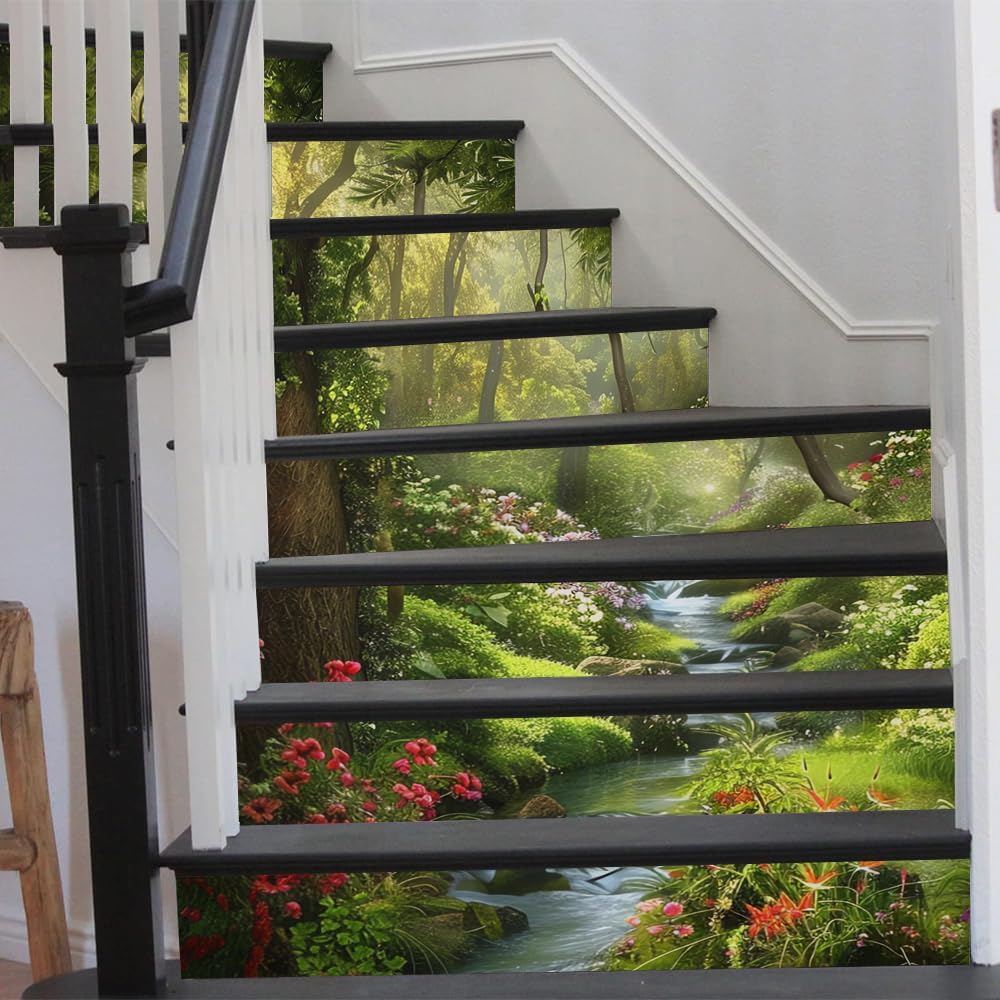 REDAMANCY Nature Forest River Landscape Peel and Stick Vinyl Stair Riser Decals Staircase Tile Stair Stickers Abstract Art Modern Decoration Self-Adhesive Home Decor Stair Decals (14 Pcs)