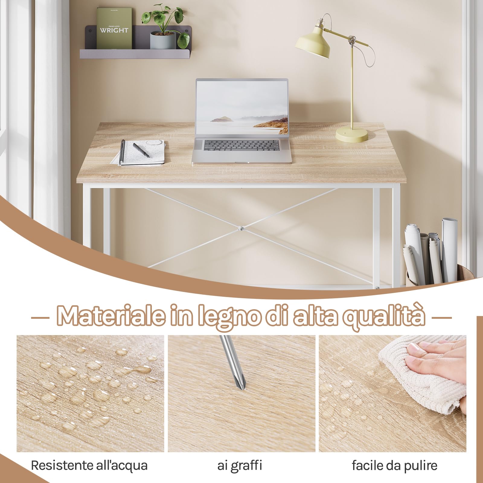 WOLTU Scrivania per Computer Piccola, 100x50 cm, Struttura in Metallo, Salvaspazio, per Ufficio Casa Studio Camera da Letto, in Materiale a Base di Legno, Rovere Chiaro