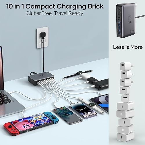 Miniatura 3 de Bloque de Cargador USB C de 10 Puertos, Estación de Carga USB de 450W para Múltiples Dispositivos, 5 Tipo C + 5 USB A Concentrador de Carga GaN PD,
