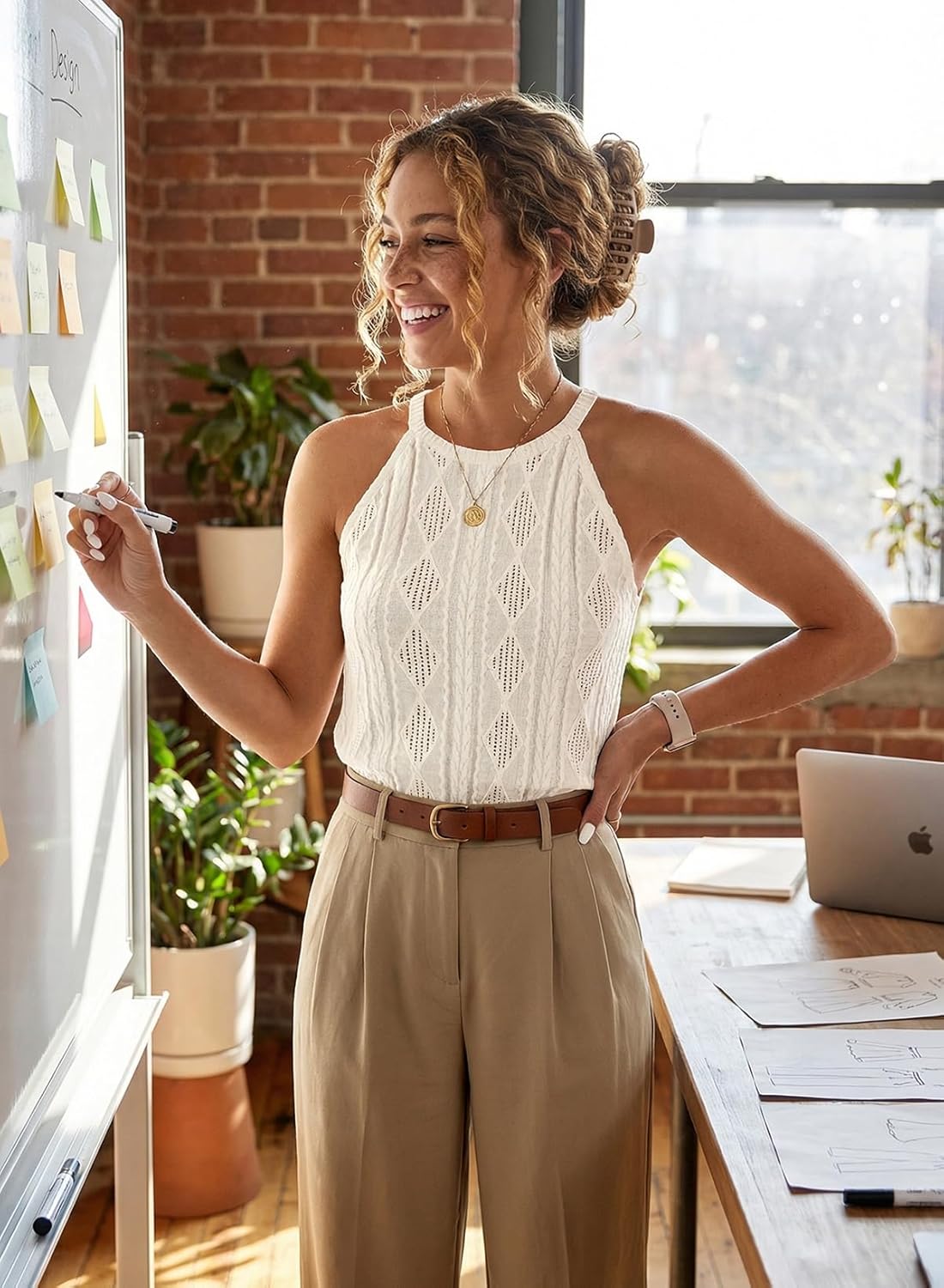 BLENCOT Casual Crochet Knit Tanks Tops for Women Sleeveless Eyelet Textured Solid Color Halter Neck T Shirts Top Blouse - Image 3