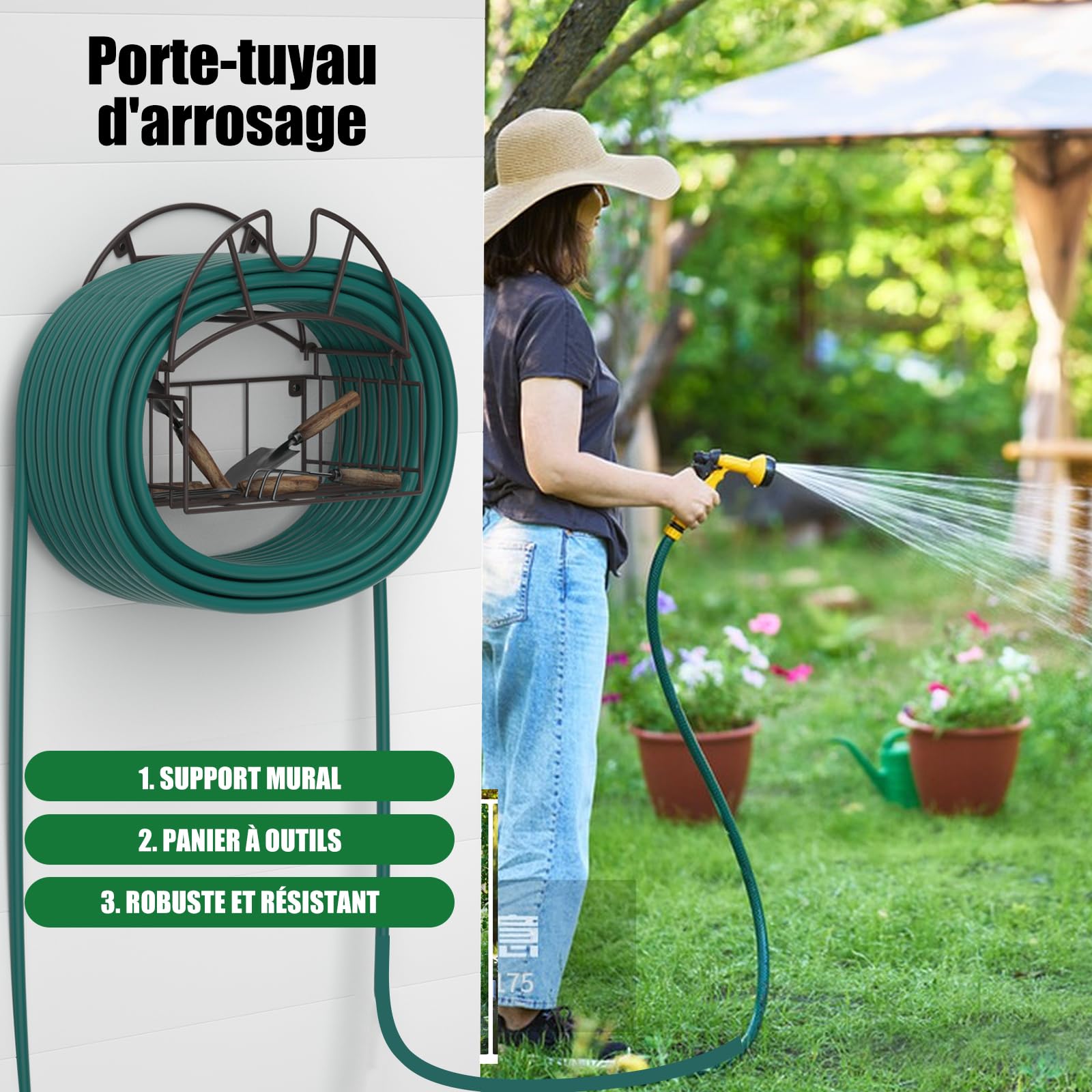 Support de tuyau d'arrosage, support de tuyau d'eau robuste avec panier de rangement pour outils, organisateur de tuyau mural pouvant contenir jusqu'à 150 pieds, support de tuyau décoratif pour jardin