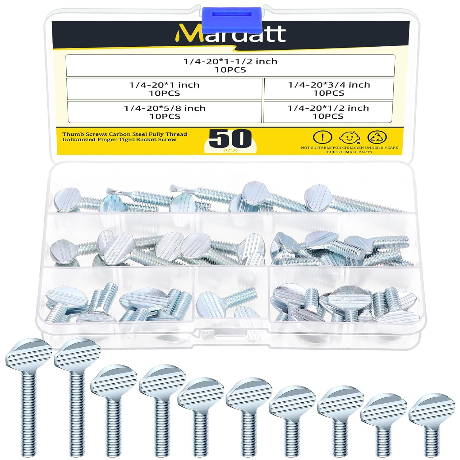 50Pcs 1/4"-20 Thread Thumb Screws, Carbon Steel Galvanized Rack Screw Finger Tight Racket Screw, 1/4"-20 x 1/2”, 1/4"-20 x 5/8”, 1/4"-20 x 3/4”, 1/4"-20 x 1”, 1/4"-20 x 1-1/2”