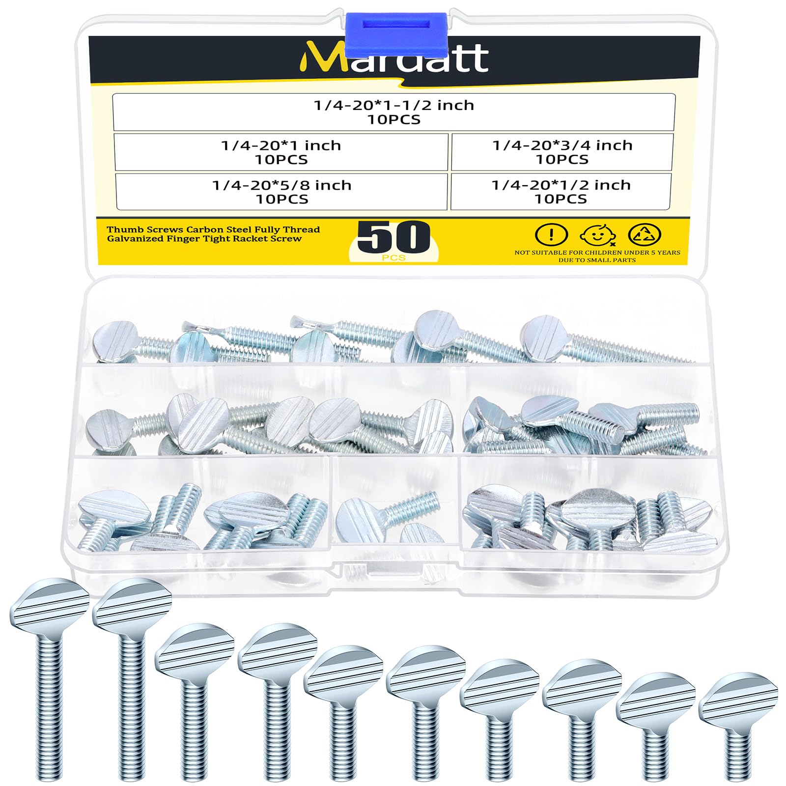Mardatt 50Pcs 1/4"-20 Thread Thumb Screws, Carbon Steel Galvanized Rack Screw Finger Tight Racket Screw, 1/4"-20 x 1/2”, 1/4"-20 x 5/8”, 1/4"-20 x 3/4”, 1/4"-20 x 1”, 1/4"-20 x 1-1/2”