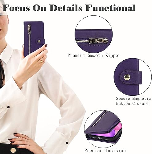 Miniatura 4 de Havaya Funda tipo cartera para iPhone 12 con tarjetero para iPhone 12 Pro, funda tipo cartera con cremallera y ranuras para tarjetas de crédito para